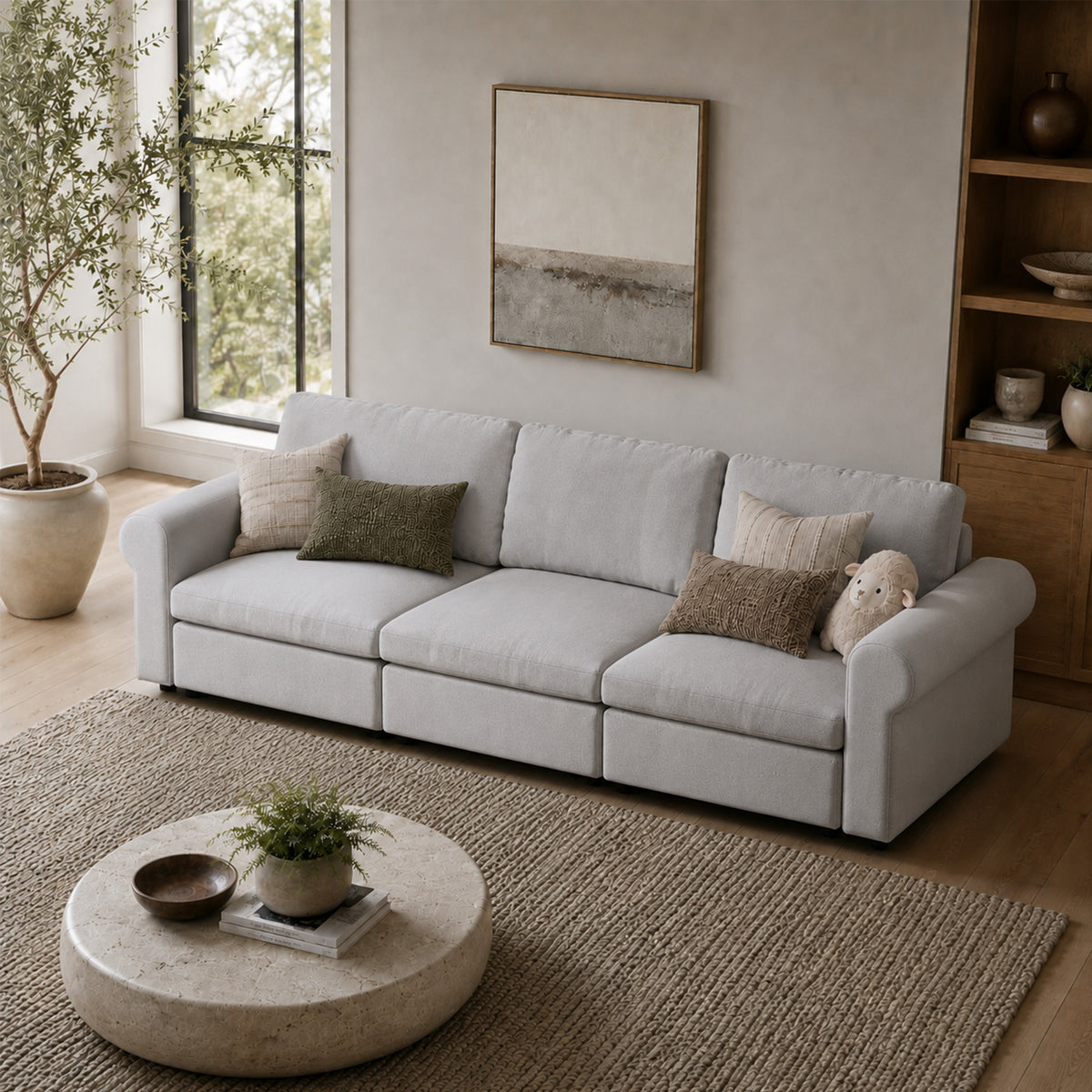 Modular Sectional Sofa - Rounded Arm, Storage Seat, Box Backrest - 35" W x 22" D Per Seat