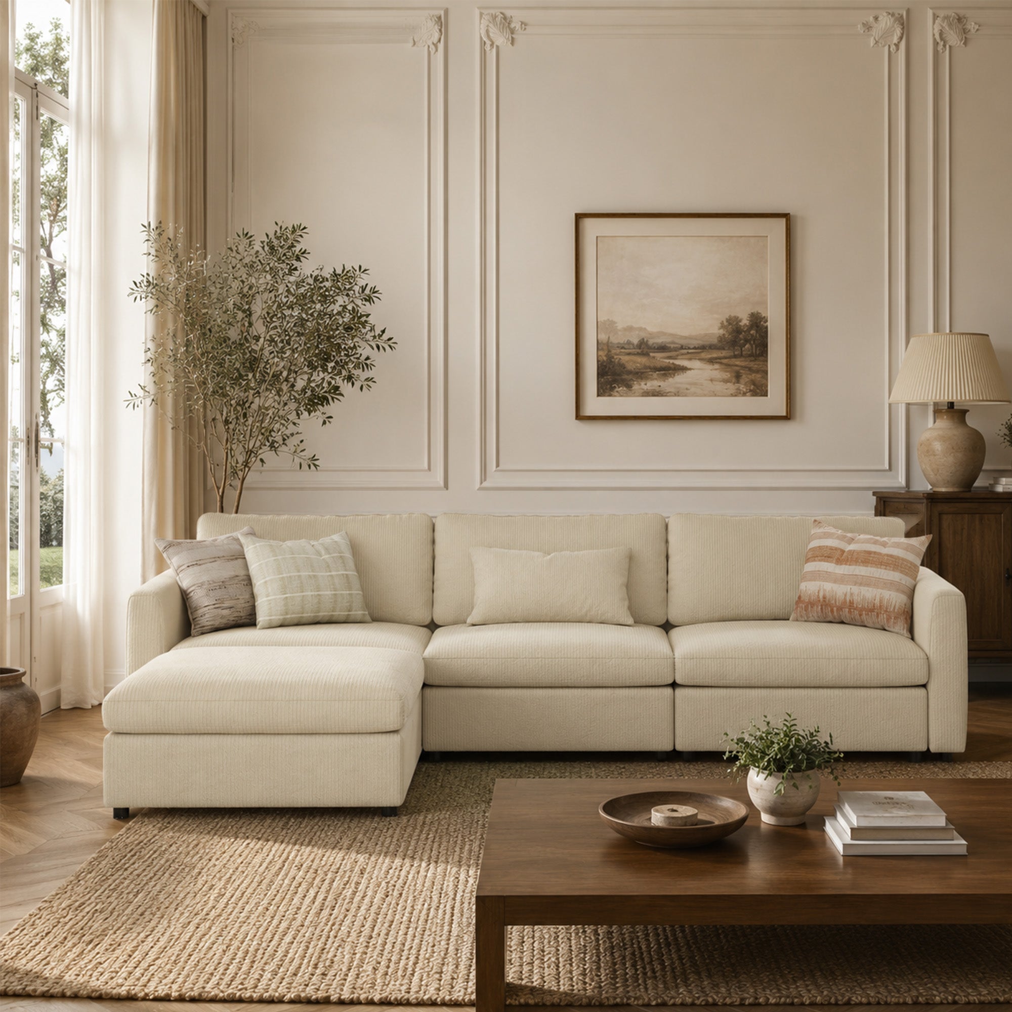 3-Seater + Ottoman Cream Corduroy Modular Sofa with Wide Seat