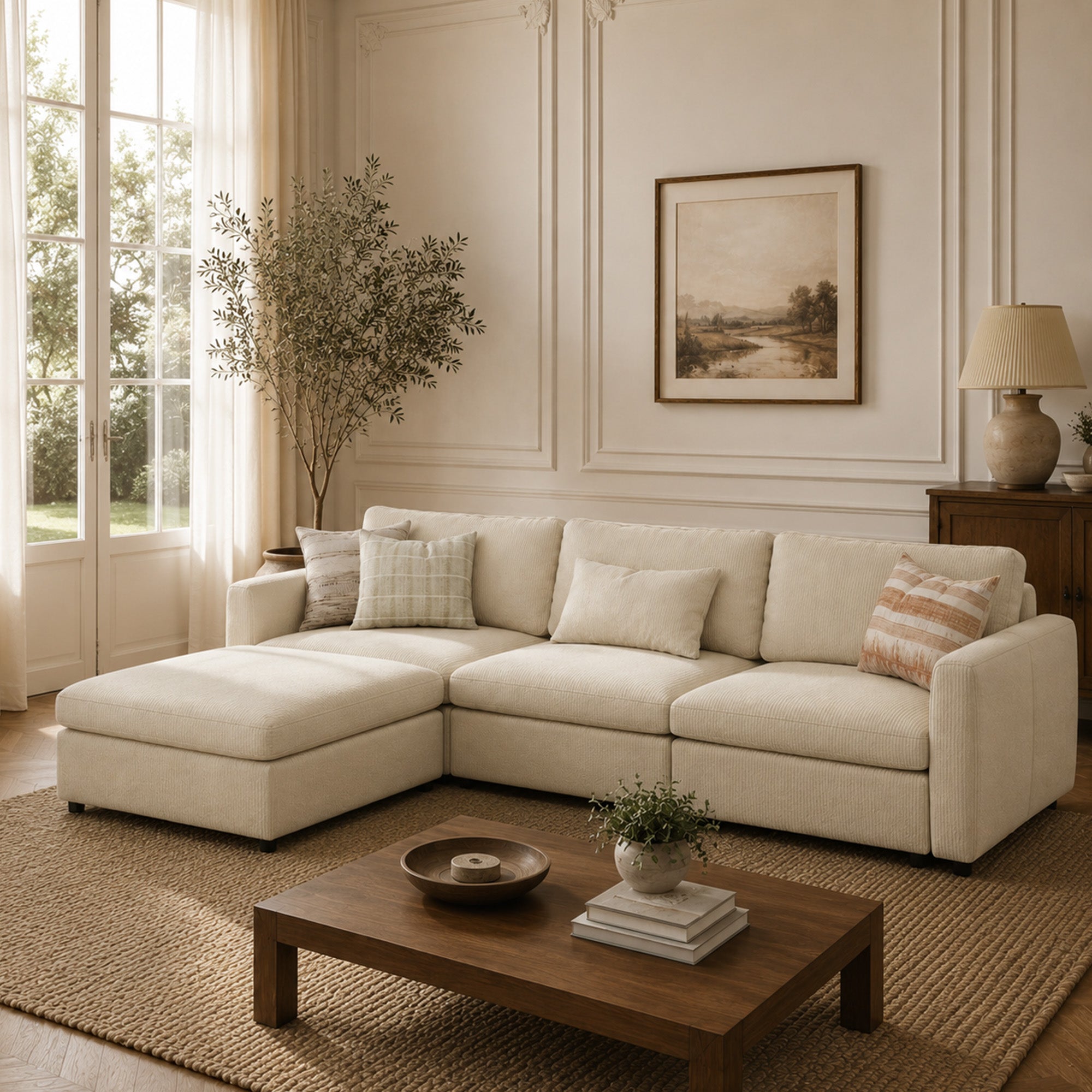 3-Seater + Ottoman Cream Corduroy Modular Sofa with Wide Seat