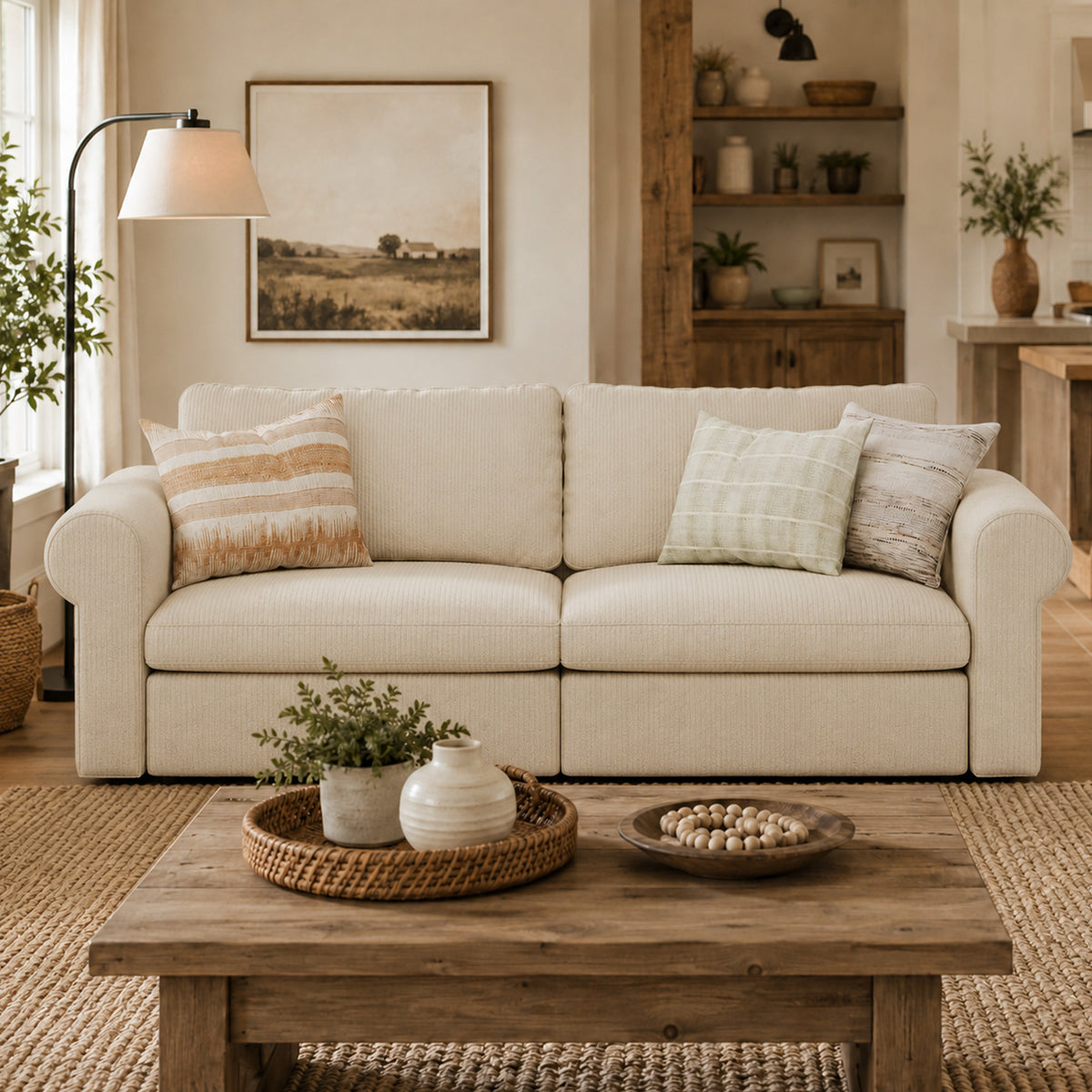 Modular Sectional Sofa - Rounded Arm, Storage Seat, Box Backrest - 35" W x 22" D Per Seat