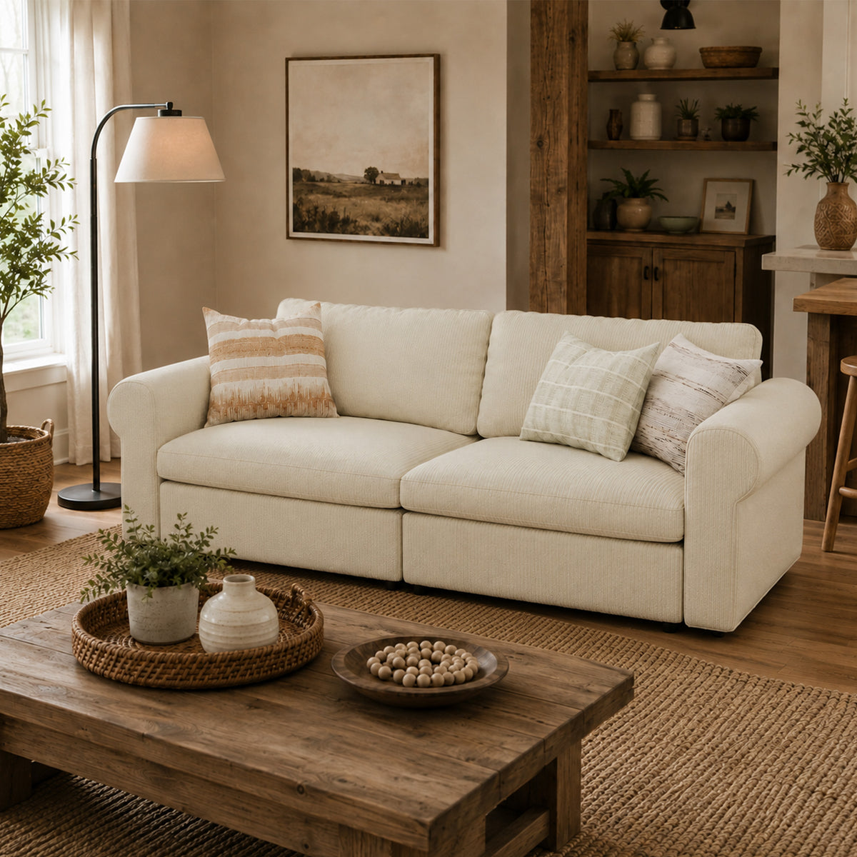 Modular Sectional Sofa - Rounded Arm, Storage Seat, Box Backrest - 35" W x 22" D Per Seat