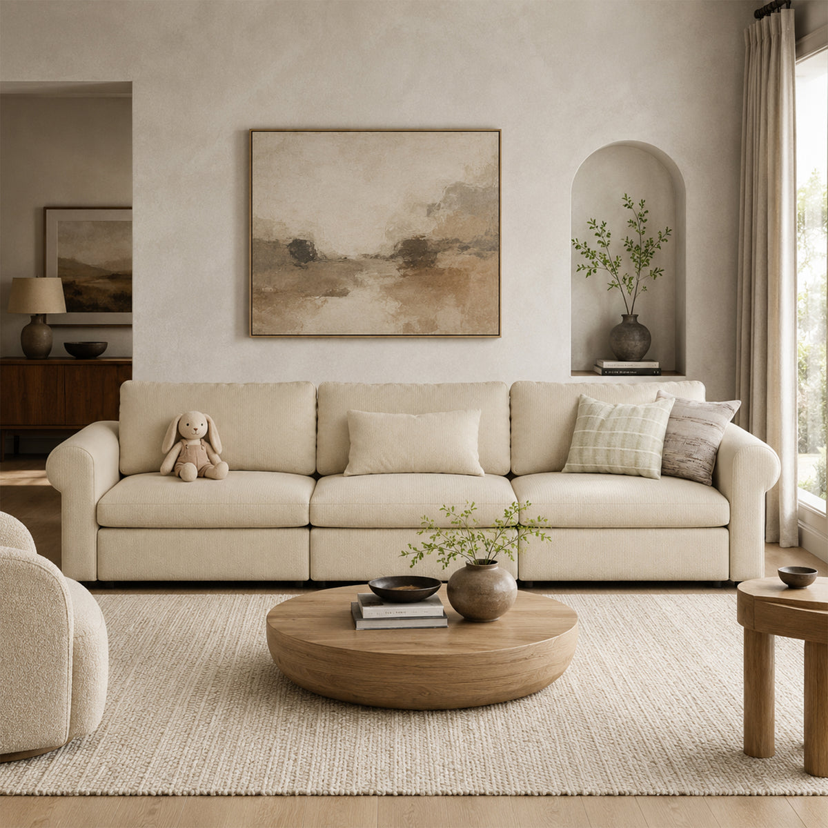 Modular Sectional Sofa - Rounded Arm, Storage Seat, Box Backrest - 35" W x 22" D Per Seat
