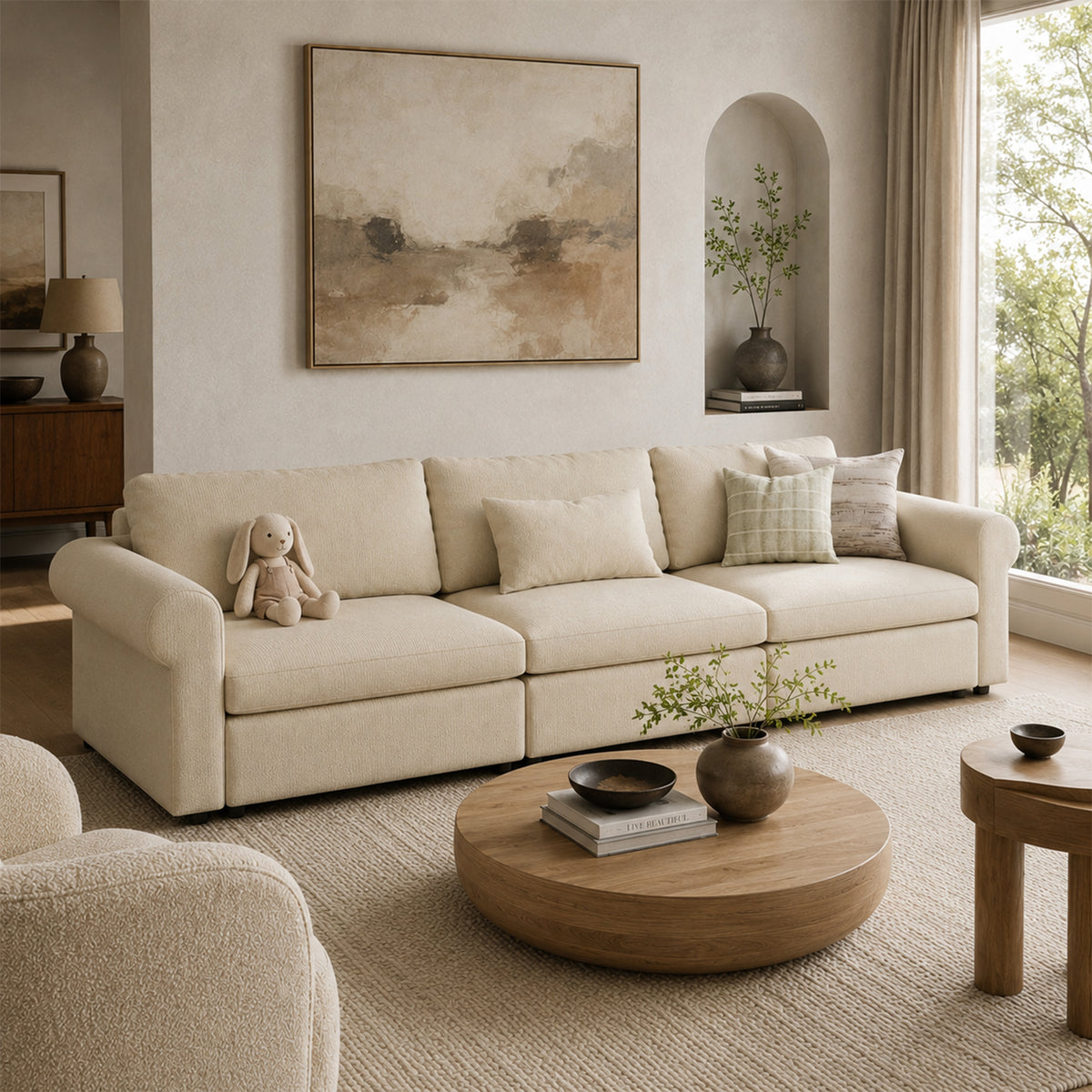 Modular Sectional Sofa - Rounded Arm, Storage Seat, Box Backrest - 35" W x 22" D Per Seat