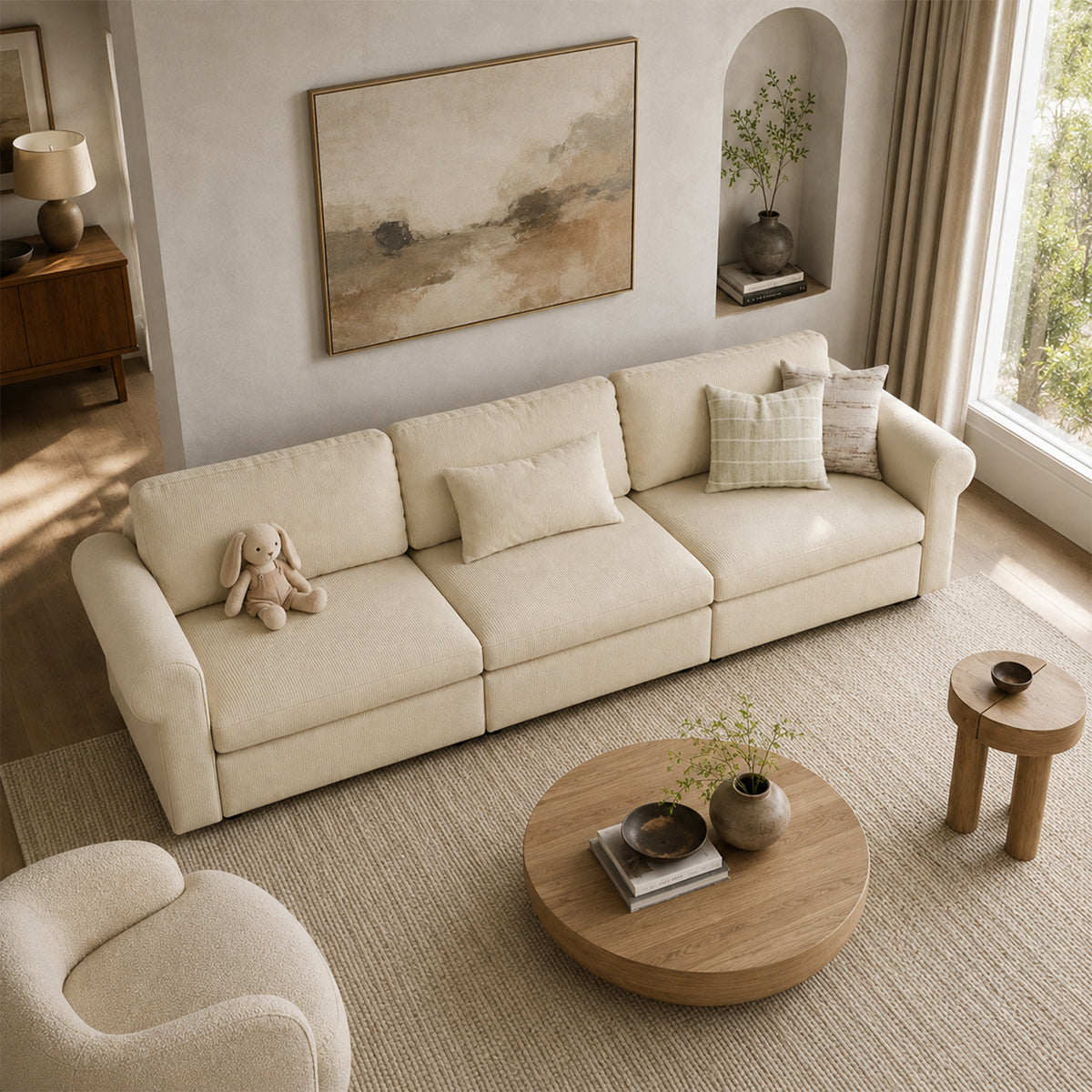 Modular Sectional Sofa - Rounded Arm, Storage Seat, Box Backrest - 35" W x 22" D Per Seat