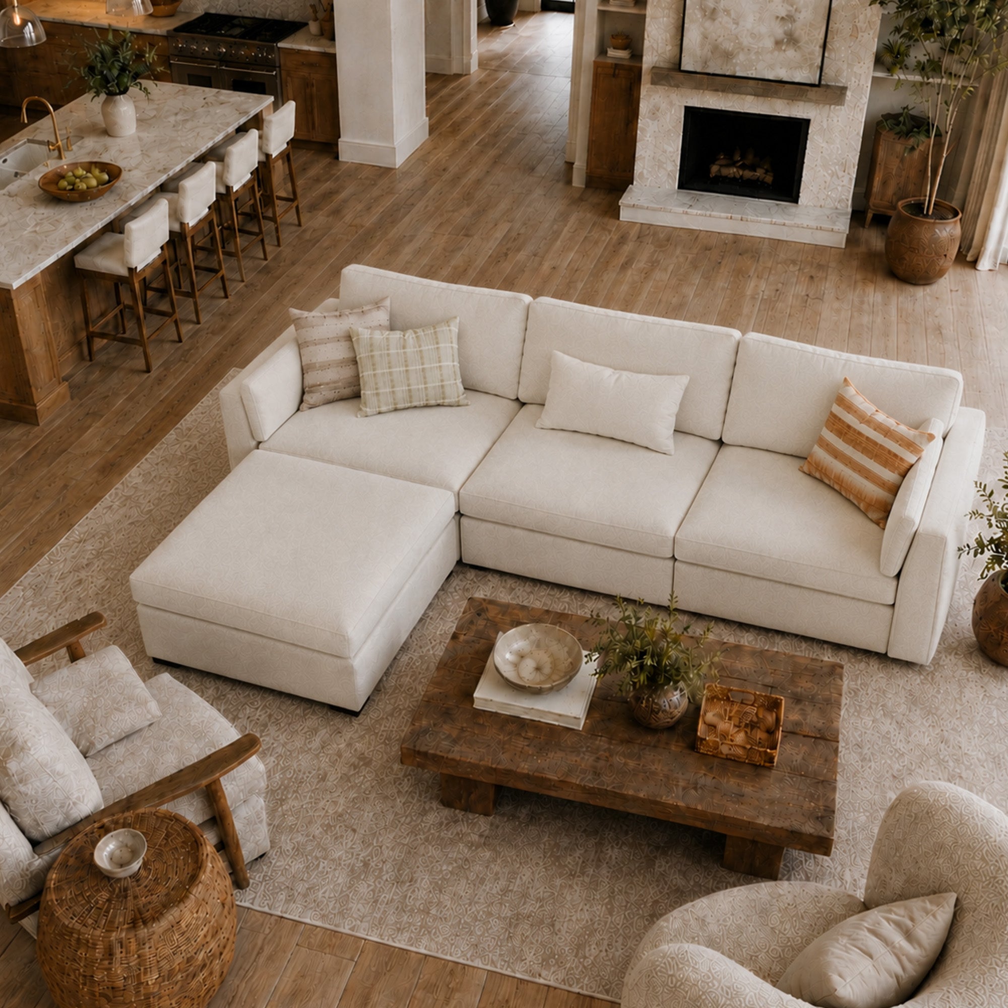 3-Seater + Ottoman Cream Chenille Modular Sofa with Wide Seat