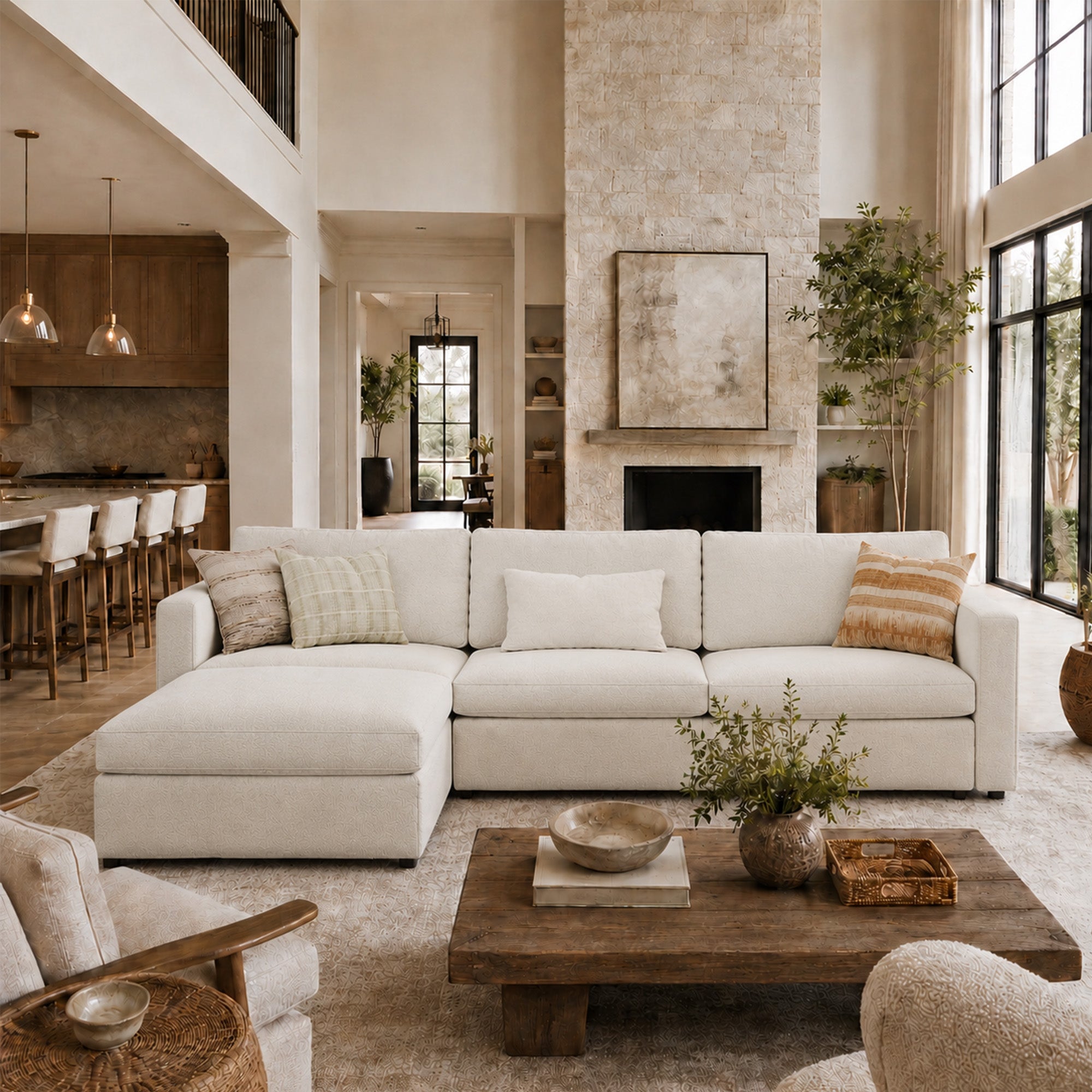 3-Seater + Ottoman Cream Chenille Modular Sofa with Wide Seat