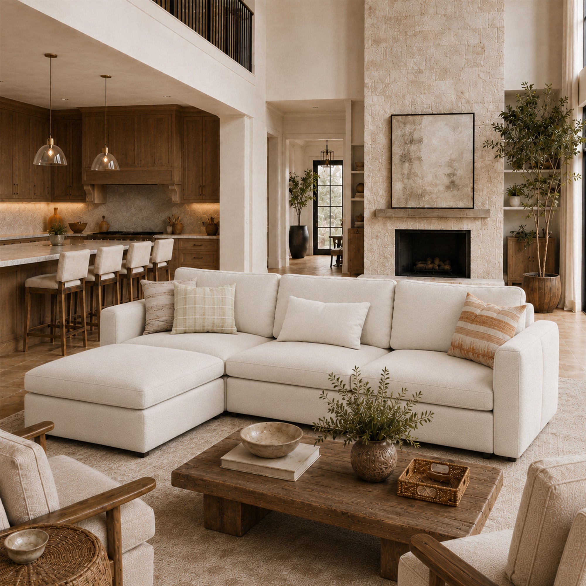 3-Seater + Ottoman Cream Chenille Modular Sofa with Wide Seat
