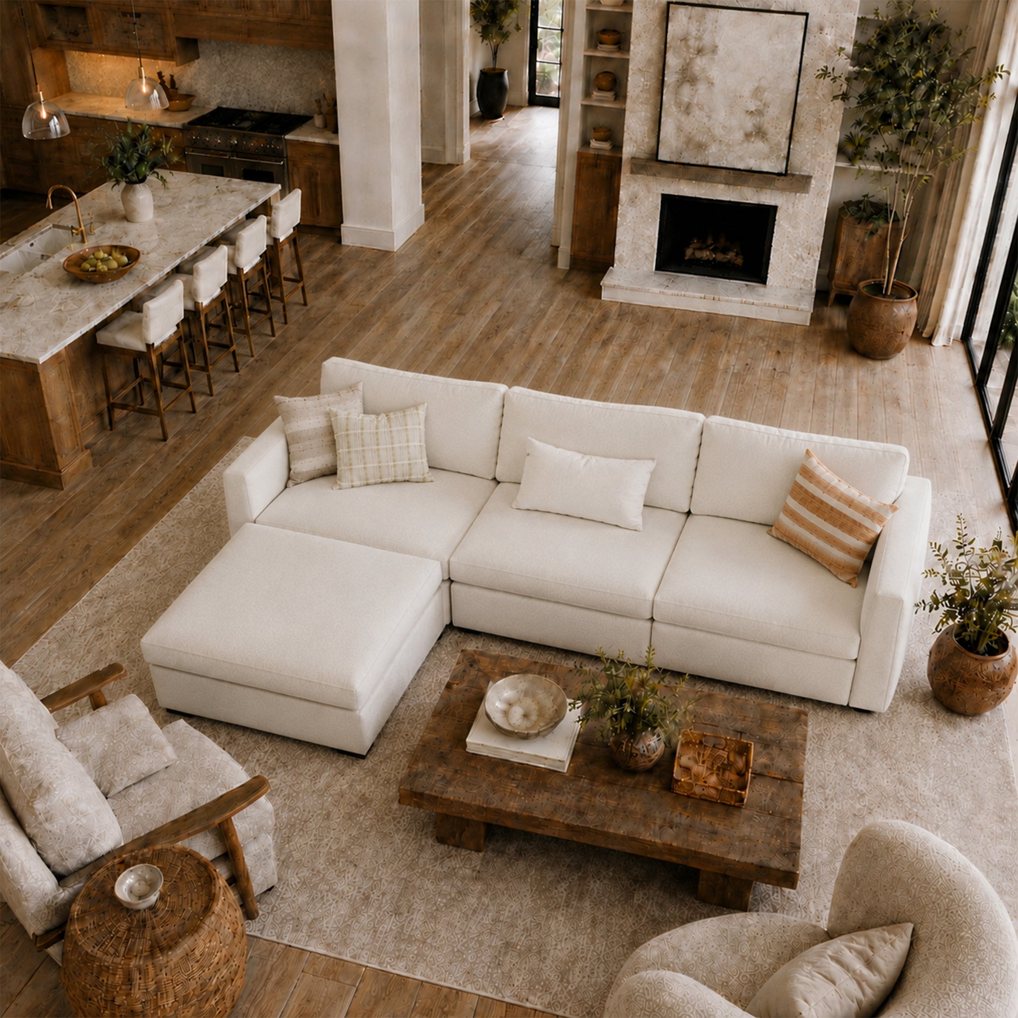 3-Seater + Ottoman Cream Chenille Modular Sofa with Wide Seat