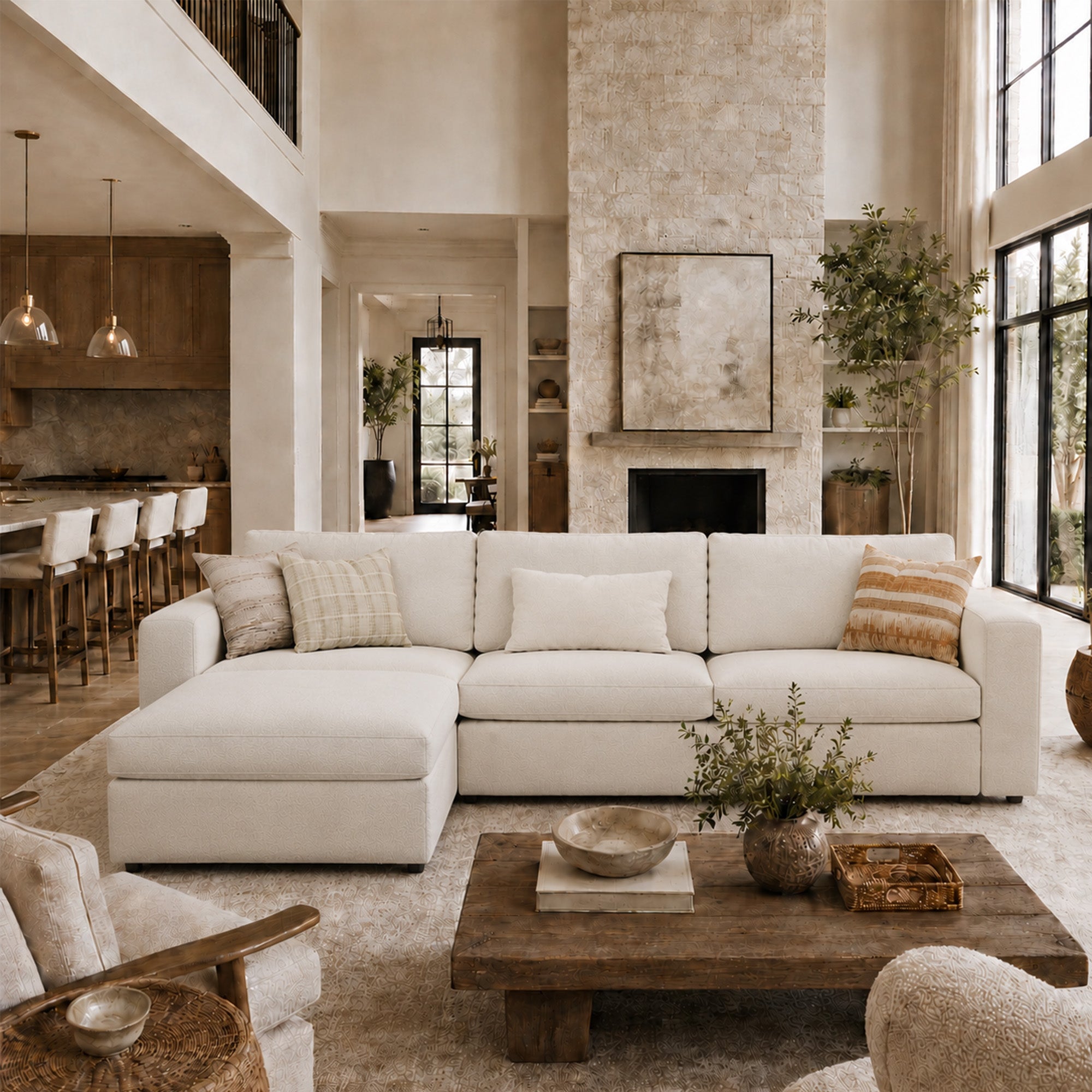 3-Seater + Ottoman Cream Chenille Modular Sofa with Wide Seat