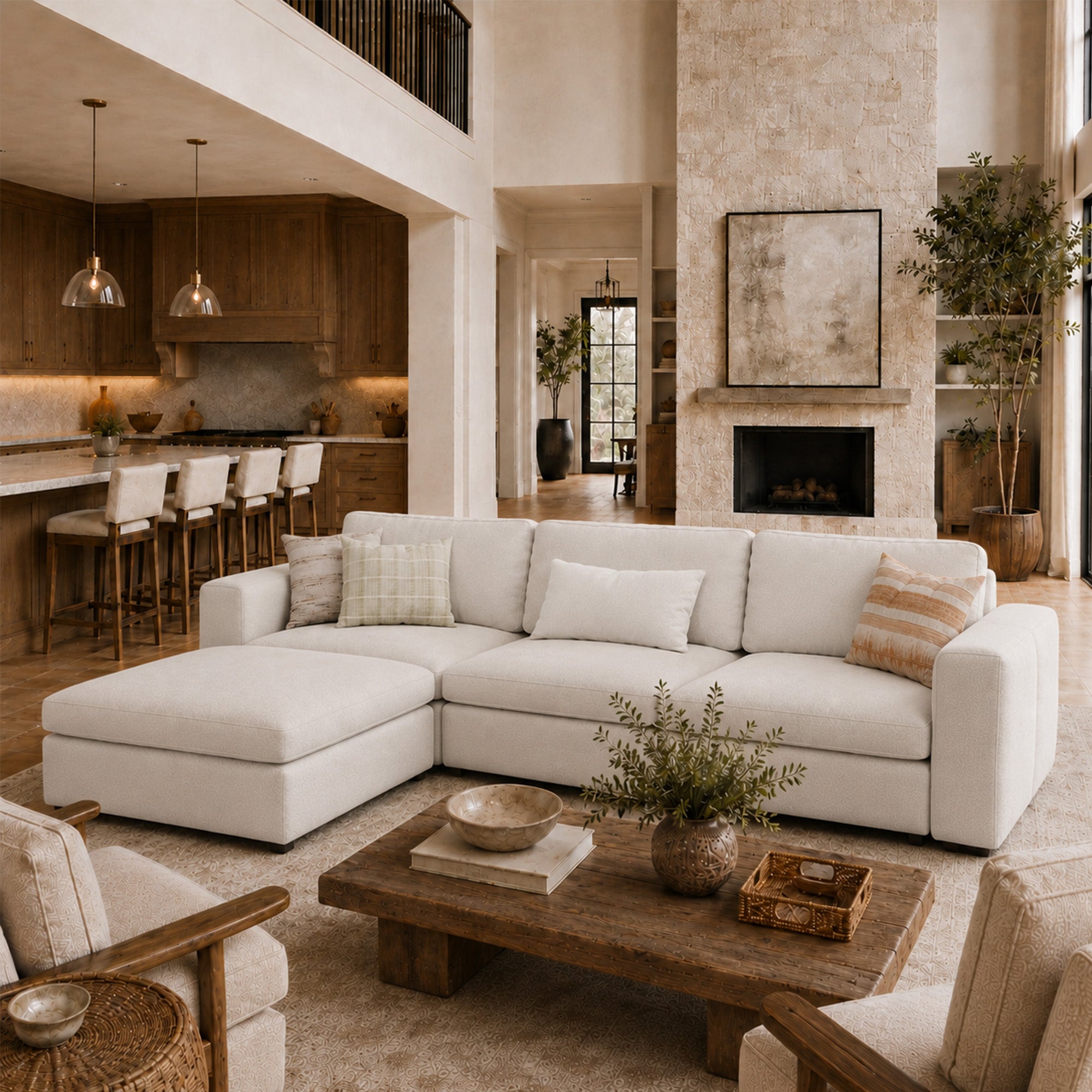 3-Seater + Ottoman Cream Chenille Modular Sofa with Wide Seat
