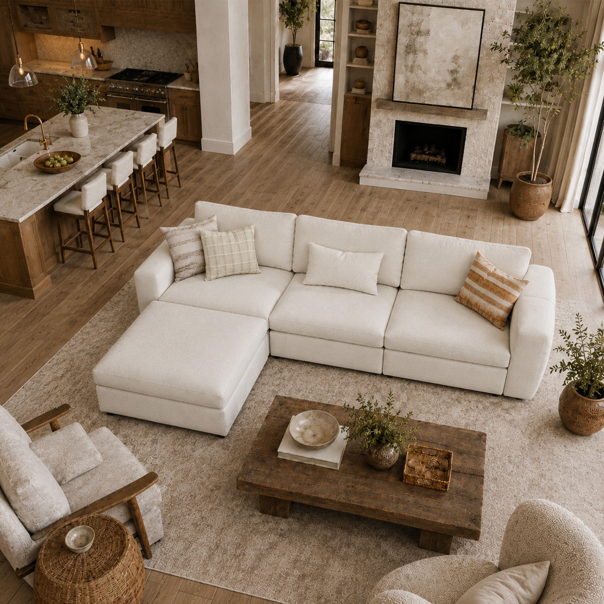 3-Seater + Ottoman Cream Chenille Modular Sofa with Wide Seat