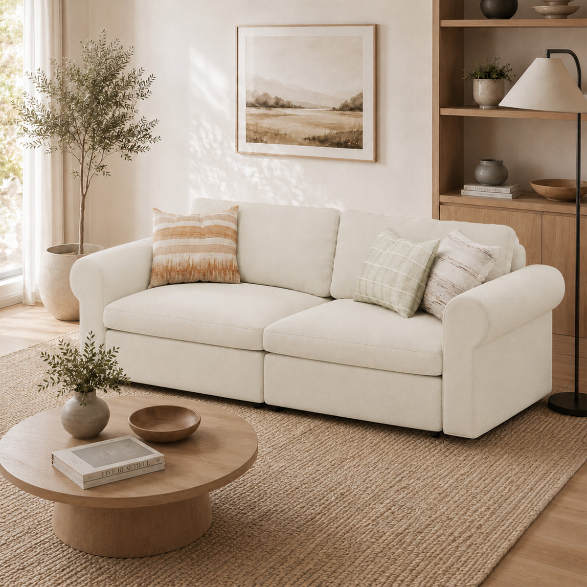Modular Sectional Sofa - Rounded Arm, Storage Seat, Box Backrest - 35" W x 22" D Per Seat
