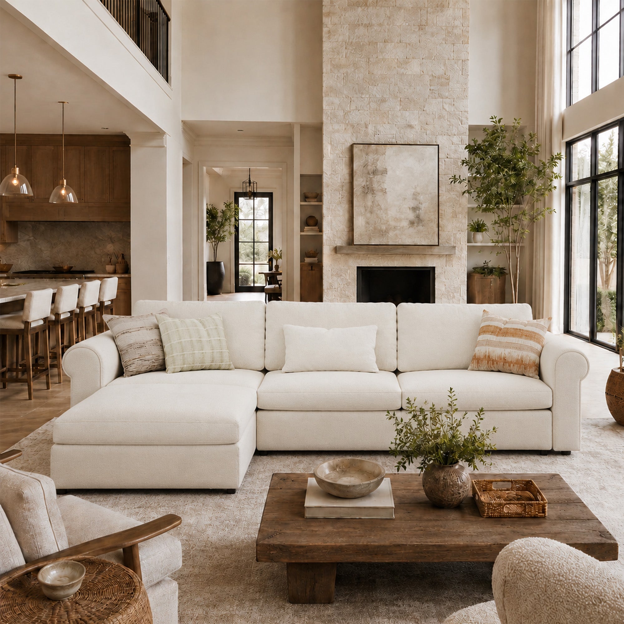 3-Seater + Ottoman Cream Chenille Modular Sofa with Wide Seat