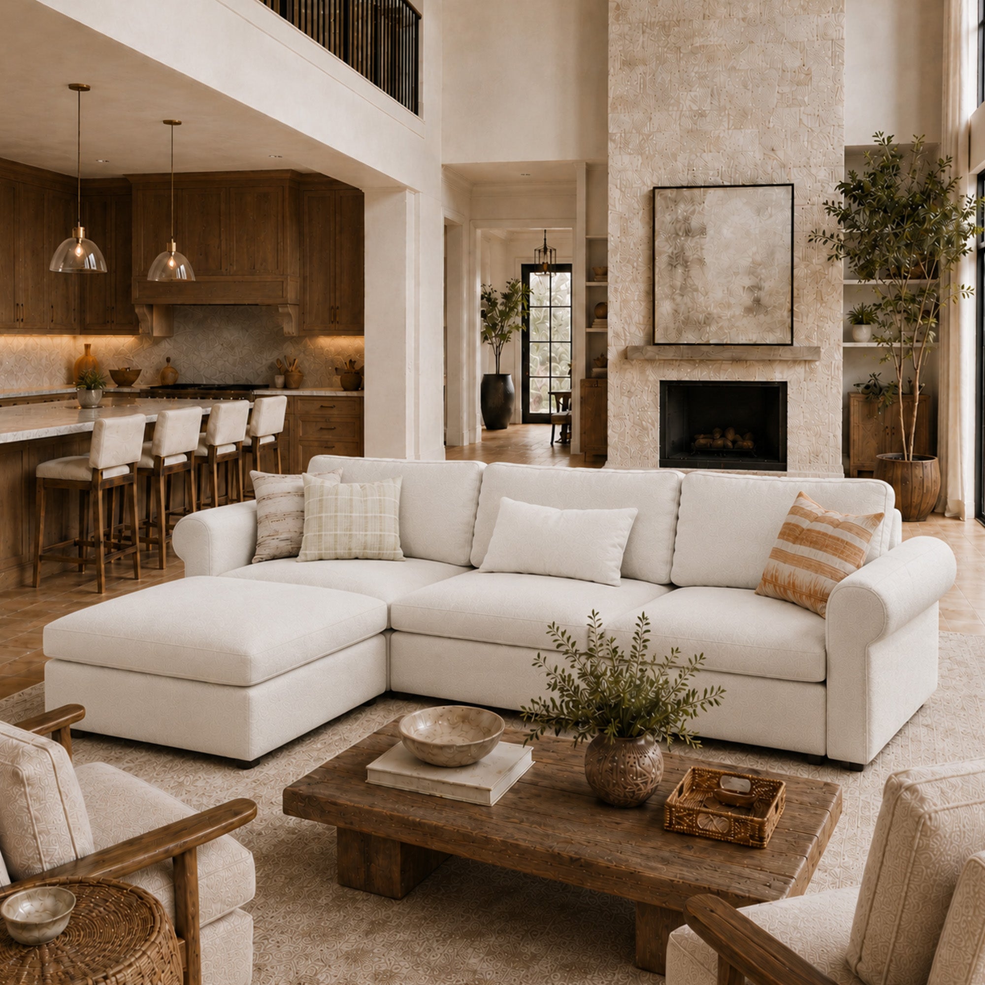 3-Seater + Ottoman Cream Chenille Modular Sofa with Wide Seat