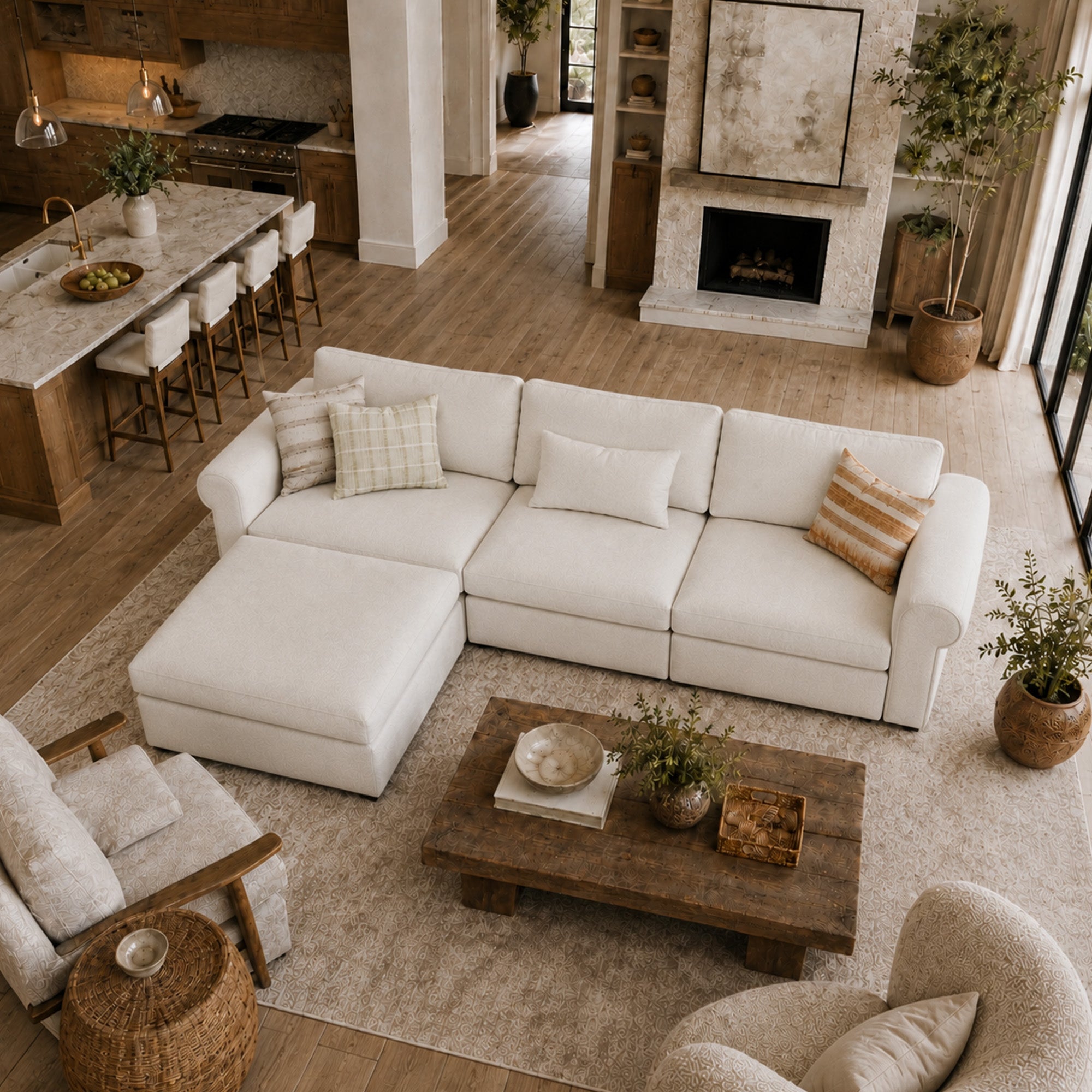 3-Seater + Ottoman Cream Chenille Modular Sofa with Wide Seat