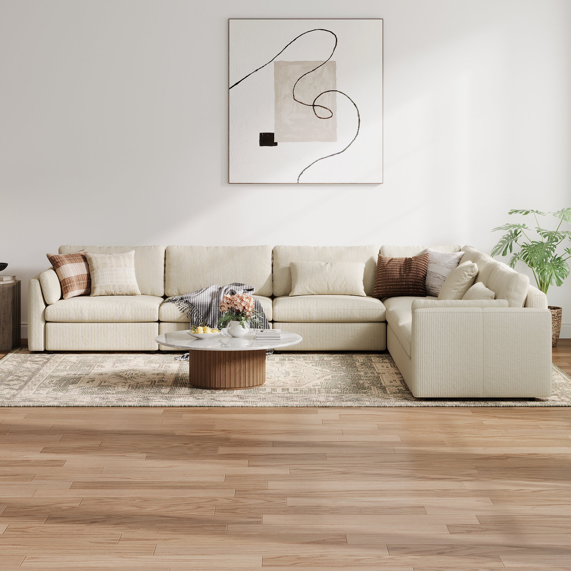 L-Shape Cream Corduroy Modular Sofa with Deep Seat