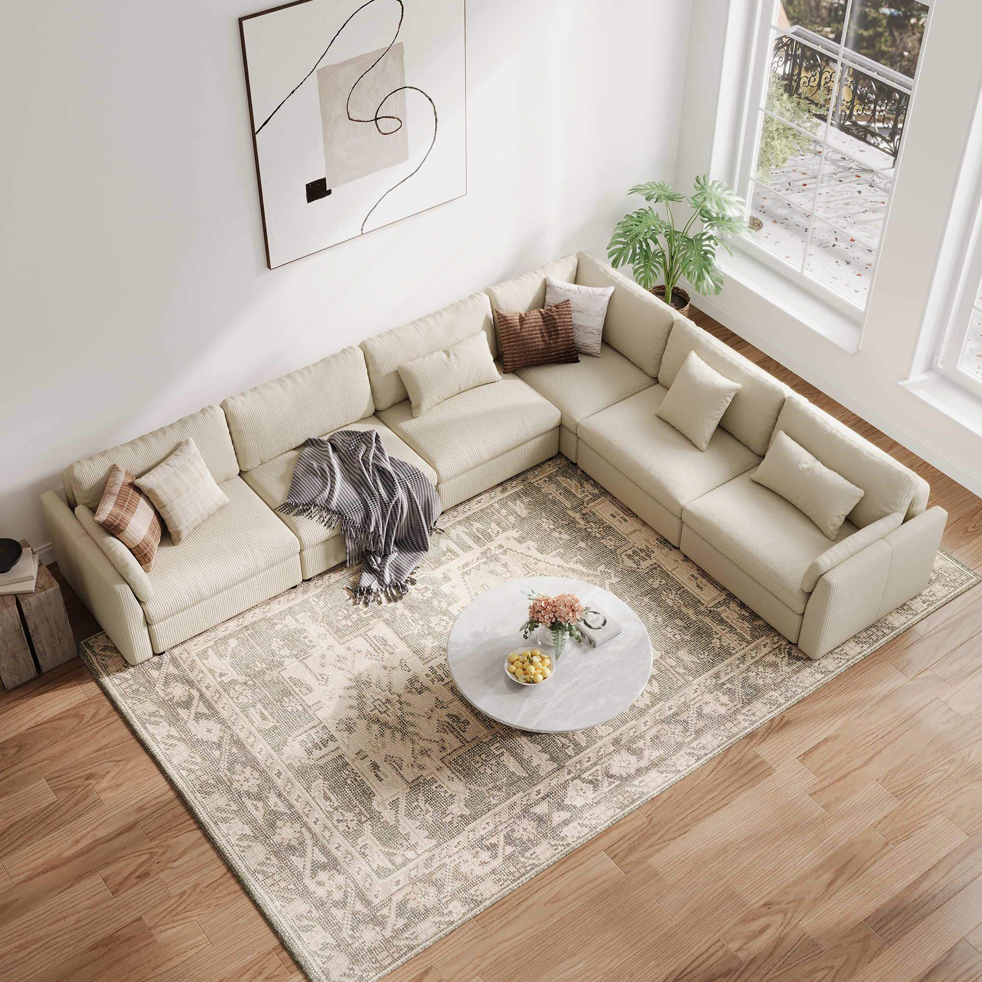 L-Shape Cream Corduroy Modular Sofa with Deep Seat