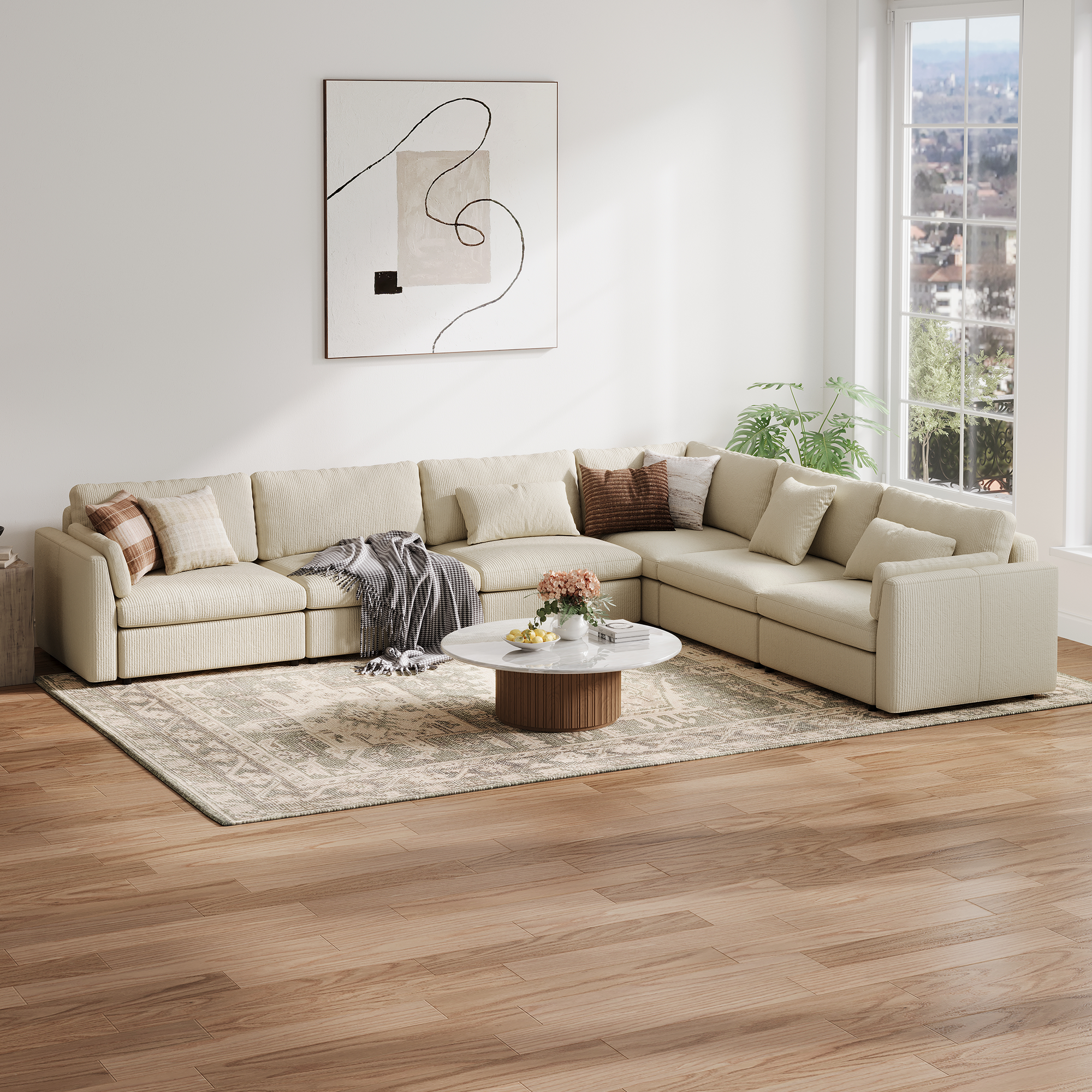 L-Shape Cream Corduroy Modular Sofa with Deep Seat