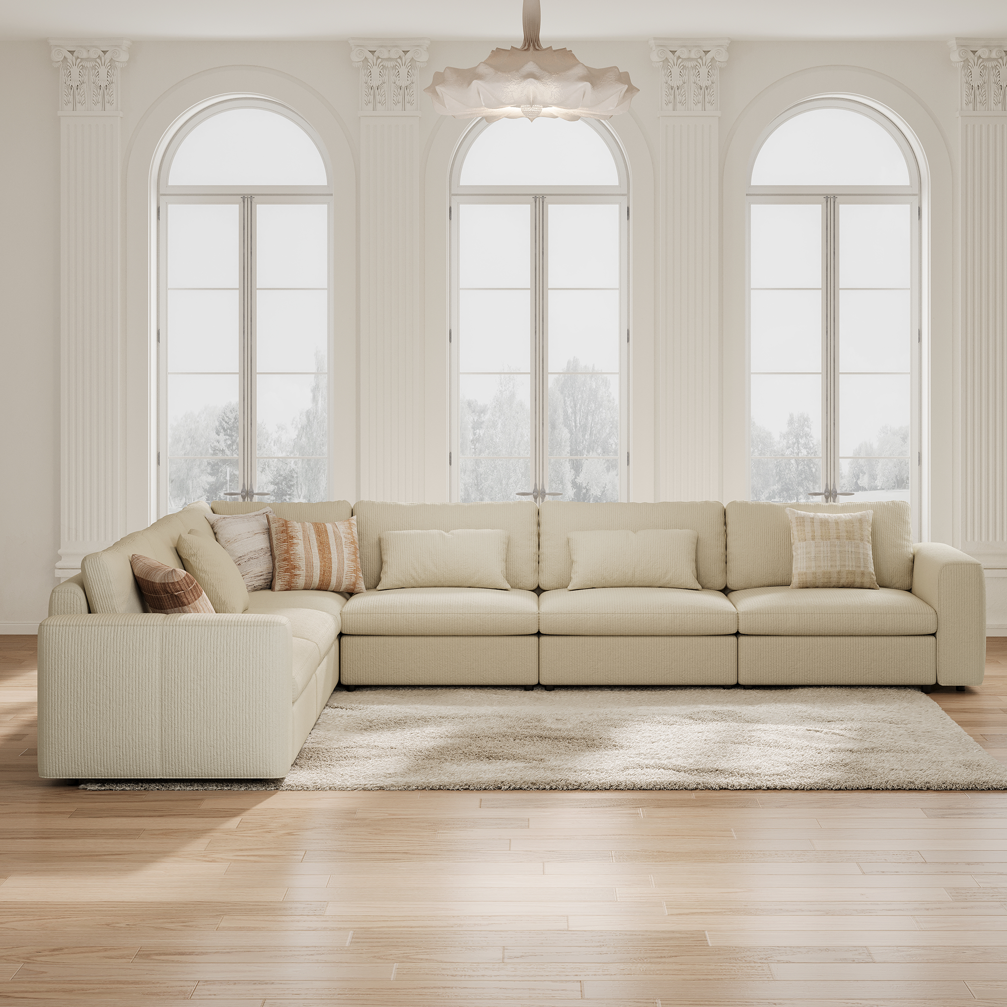 L-Shape Cream Corduroy Modular Sofa with Deep Seat