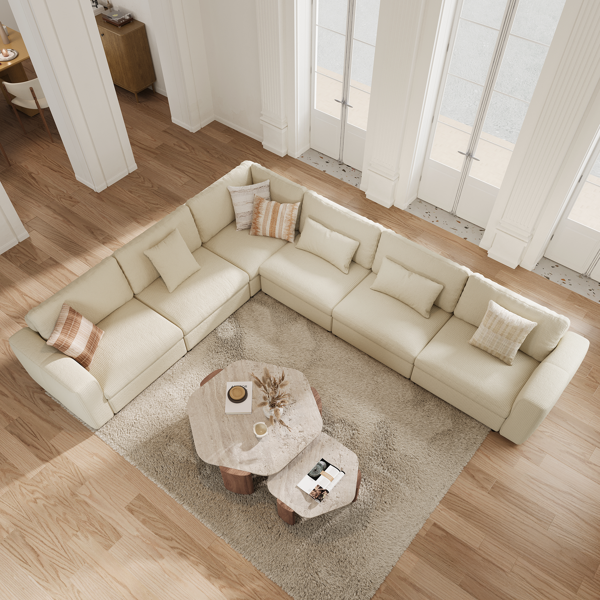 L-Shape Cream Corduroy Modular Sofa with Deep Seat