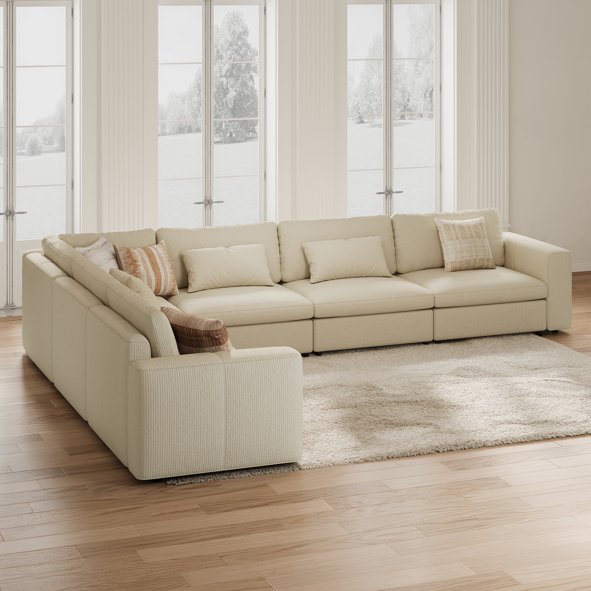 L-Shape Cream Corduroy Modular Sofa with Deep Seat