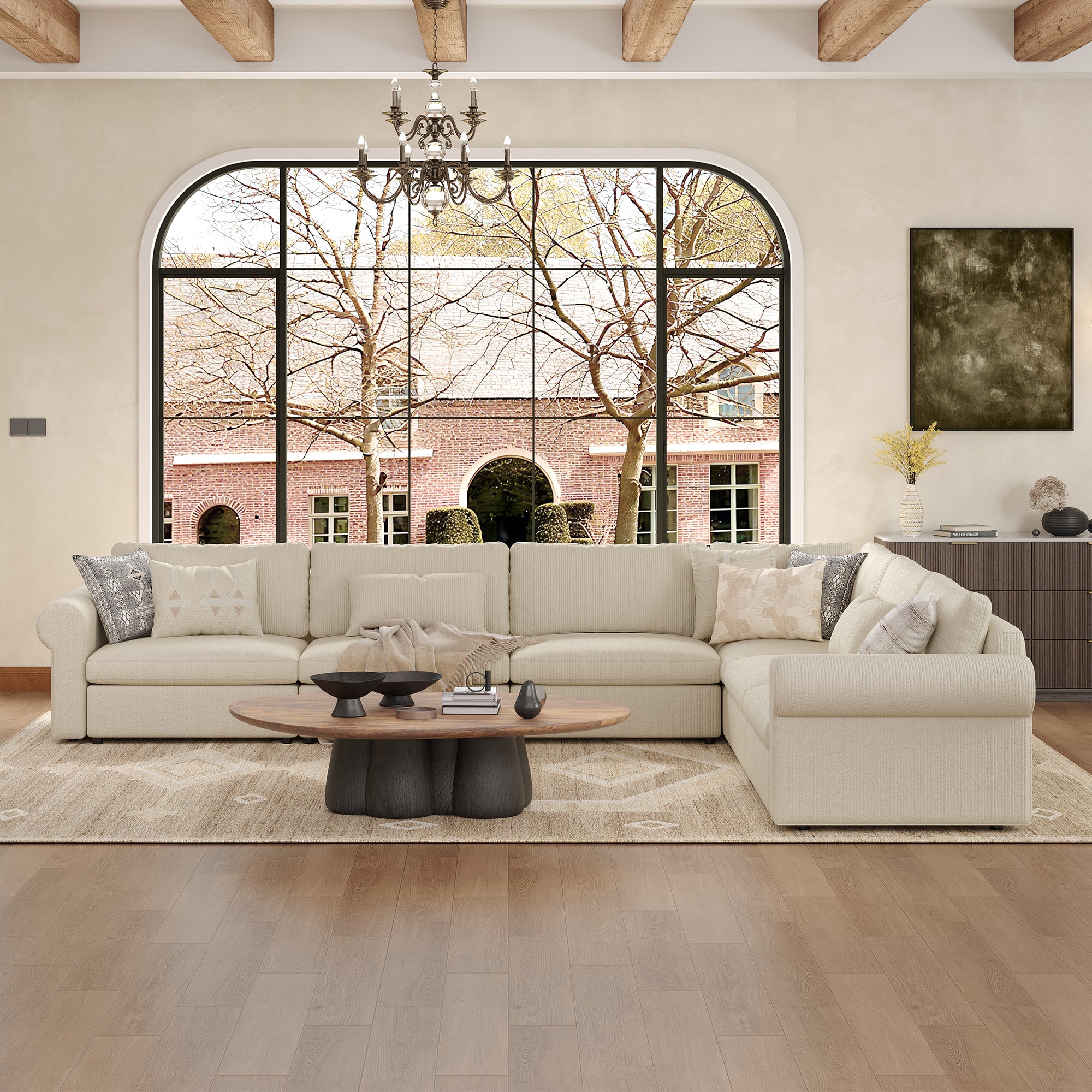 L-Shape Cream Corduroy Modular Sofa with Deep Seat