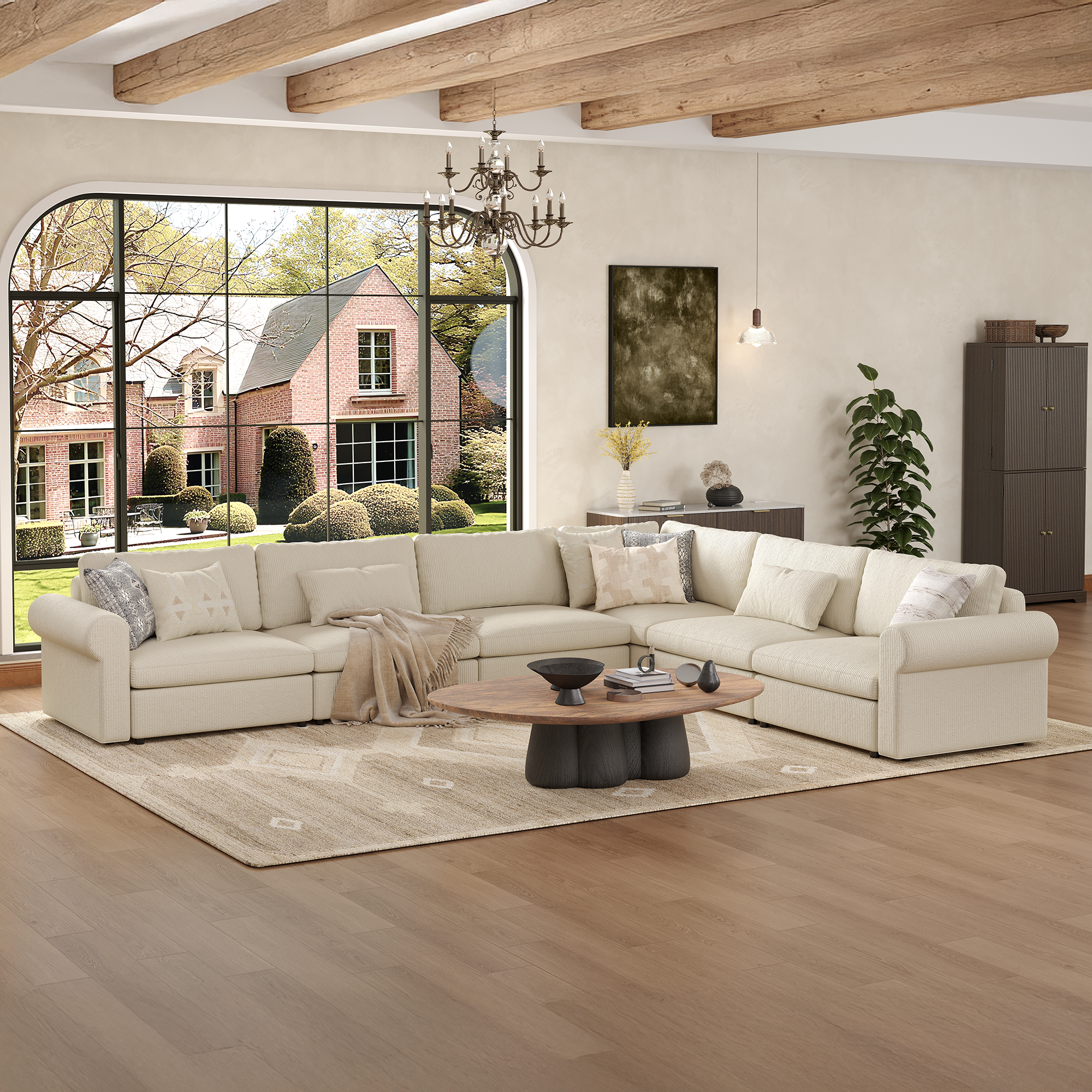 L-Shape Cream Corduroy Modular Sofa with Deep Seat