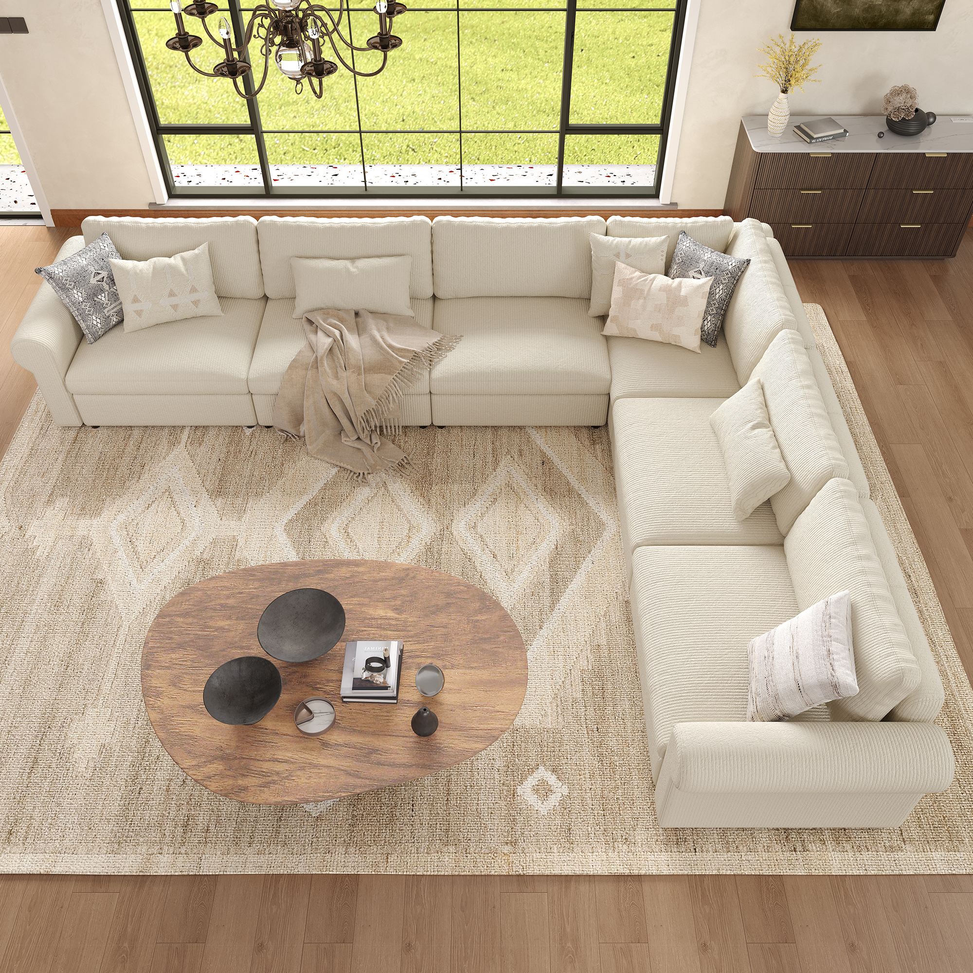 L-Shape Cream Corduroy Modular Sofa with Deep Seat