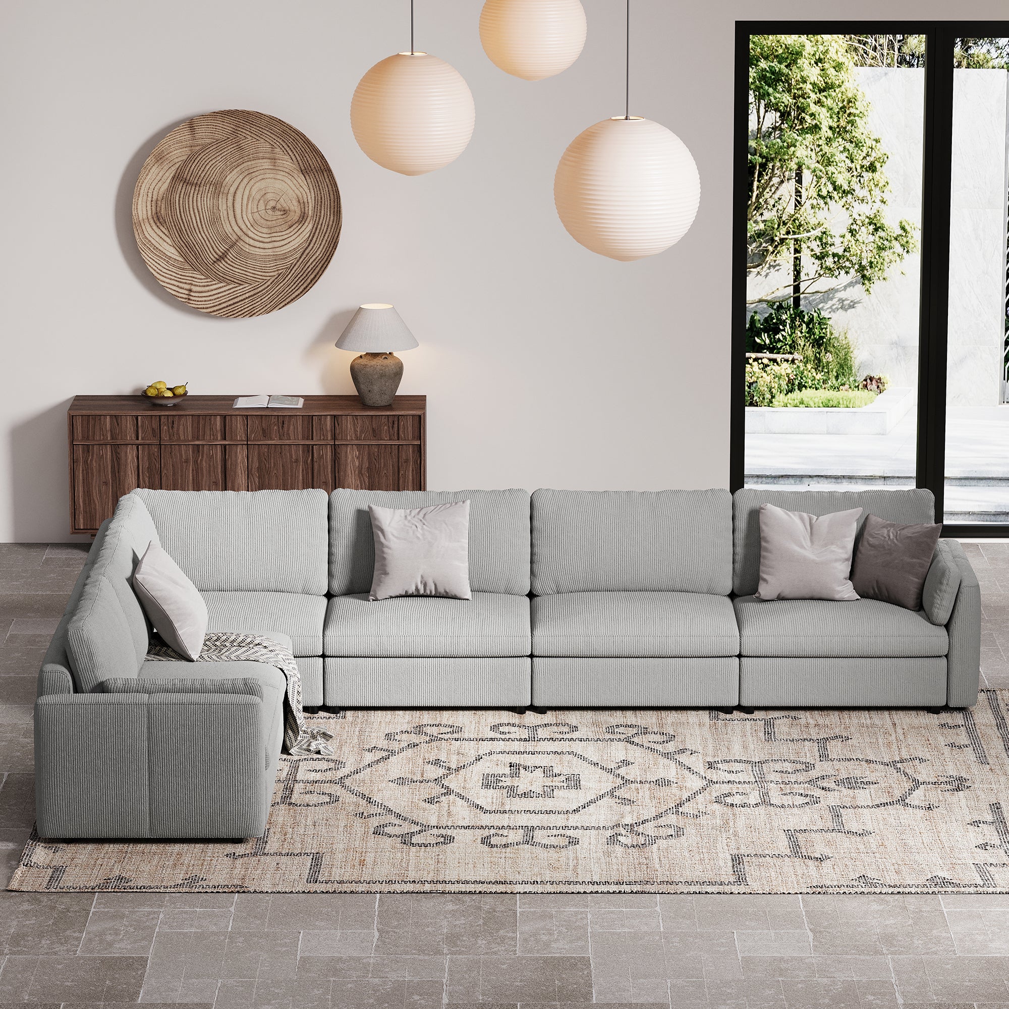 L-Shape Dove Grey Corduroy Modular Sofa with Deep Seat