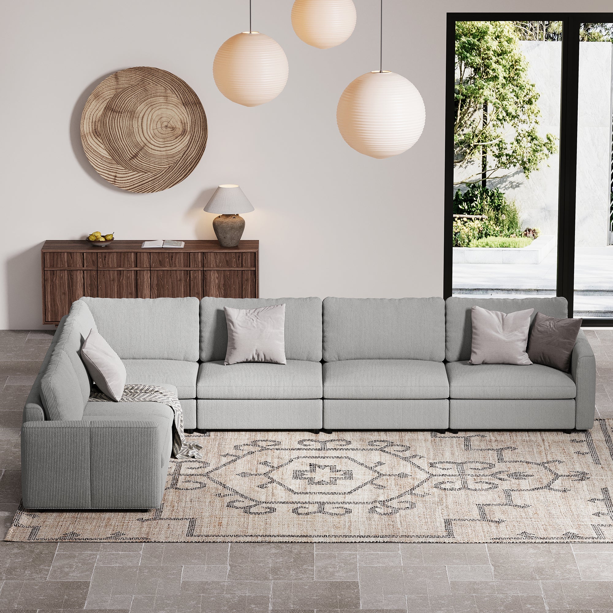 L-Shape Dove Grey Corduroy Modular Sofa with Deep Seat