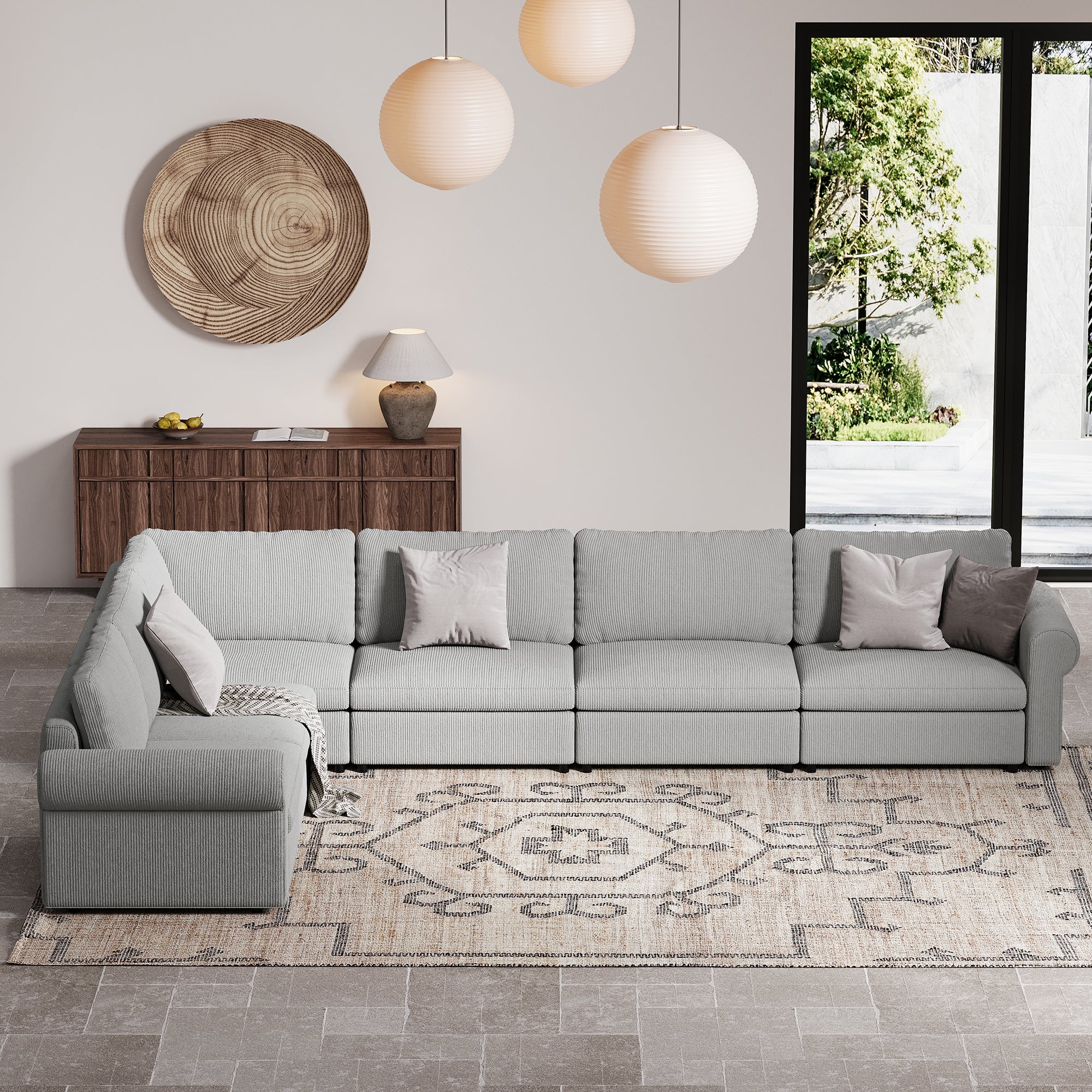 L-Shape Dove Grey Corduroy Modular Sofa with Deep Seat