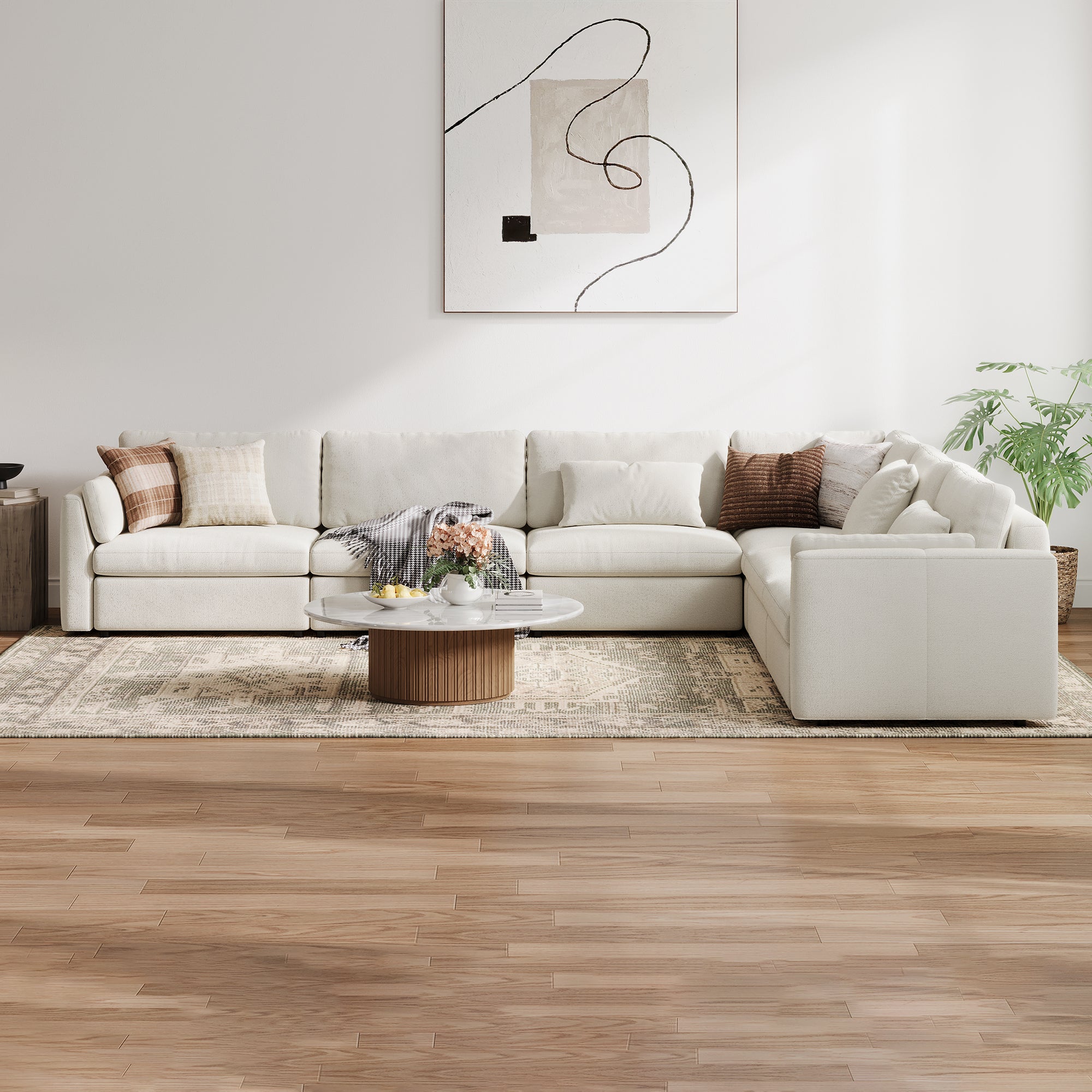 L-Shape Cream Chenille Modular Sofa with Deep Seat