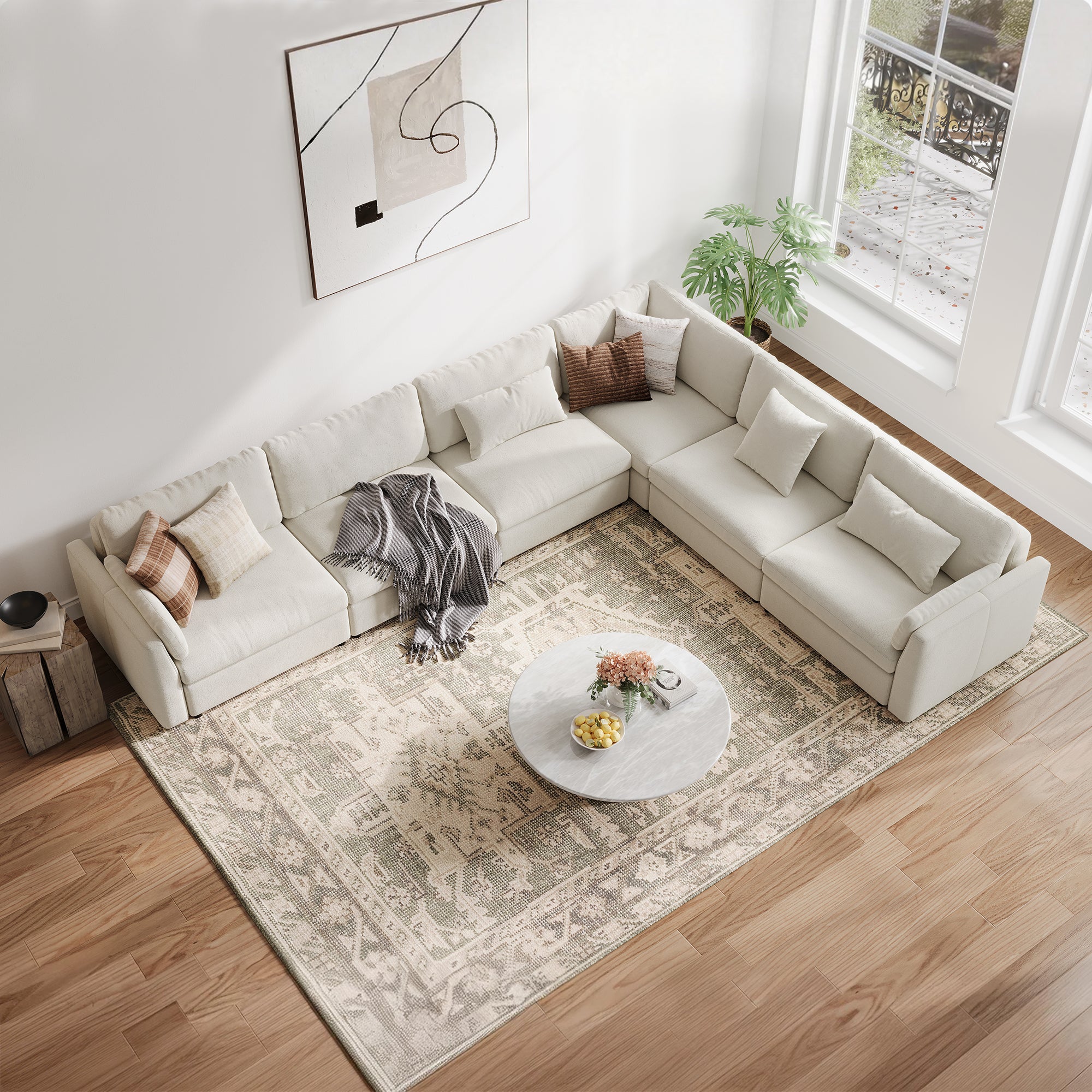 L-Shape Cream Chenille Modular Sofa with Deep Seat