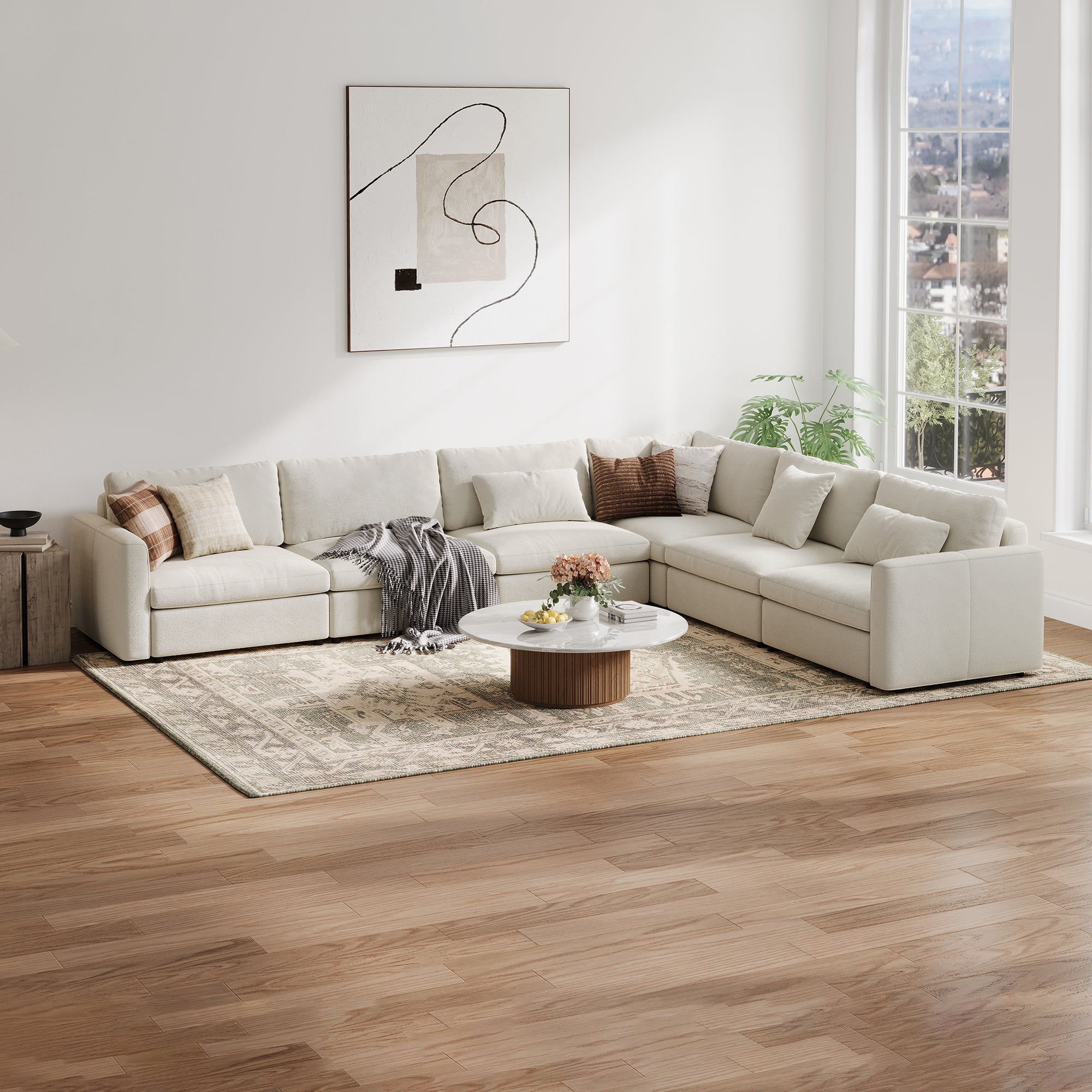 L-Shape Cream Chenille Modular Sofa with Deep Seat