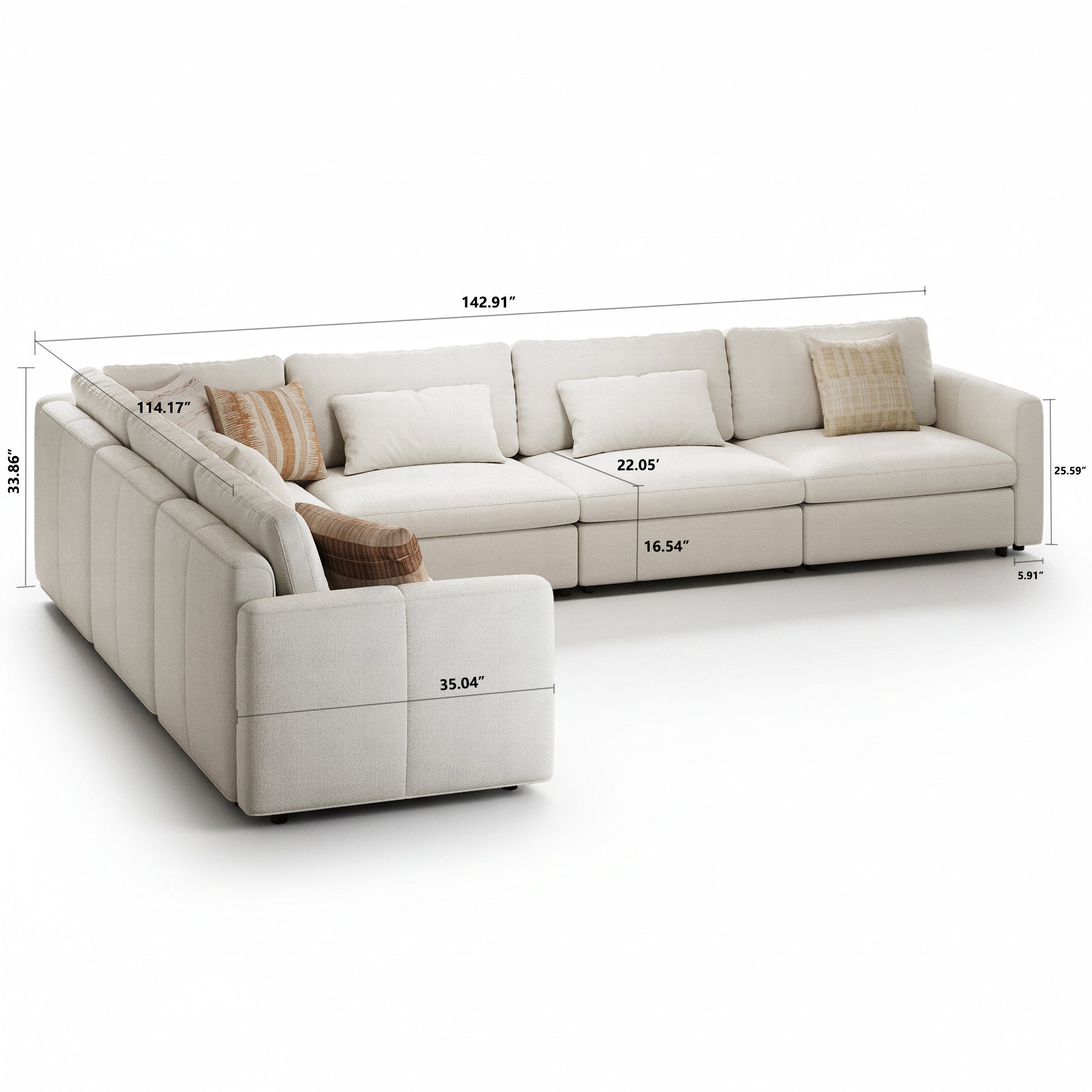 L-Shape Cream Chenille Modular Sofa with Deep Seat