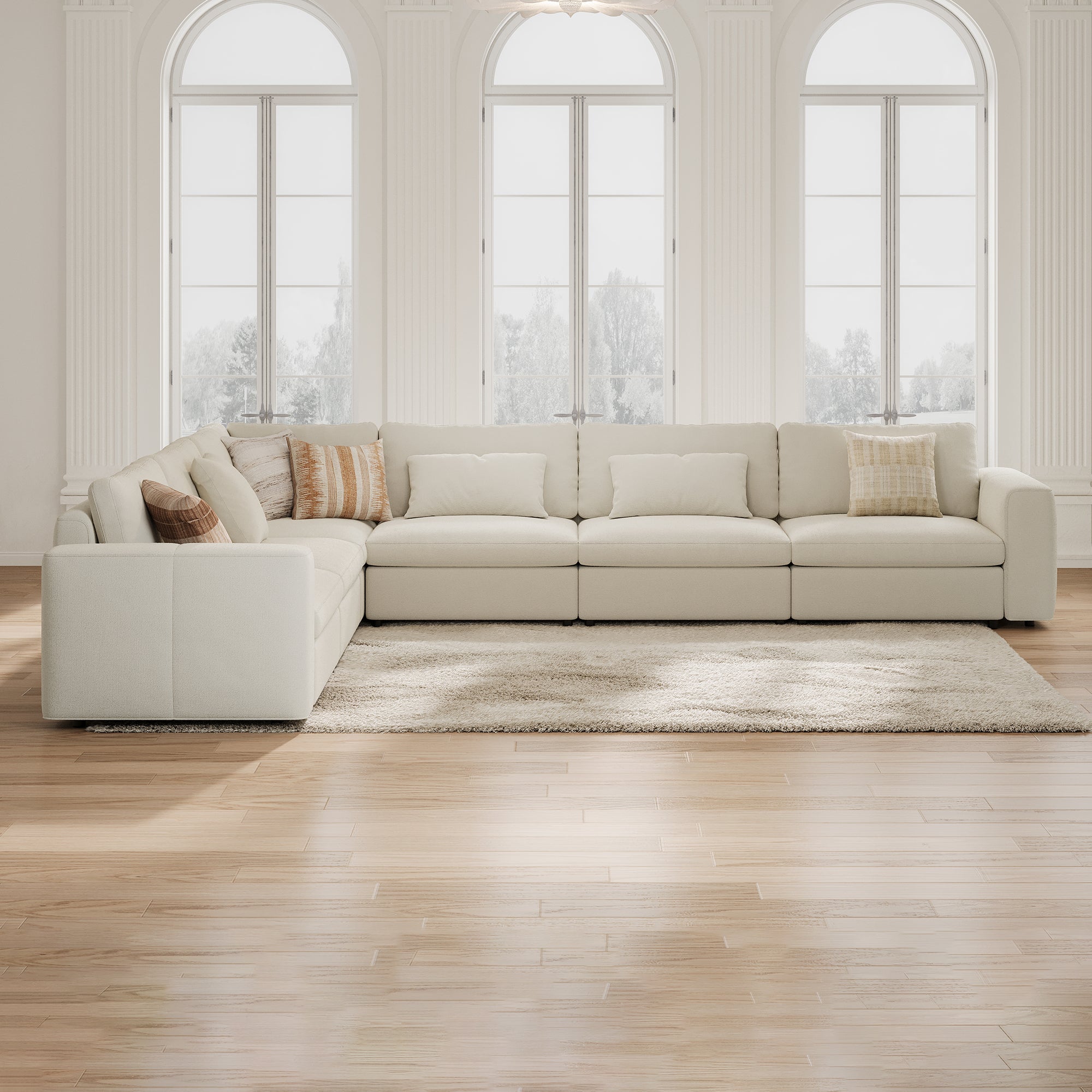 L-Shape Cream Chenille Modular Sofa with Deep Seat