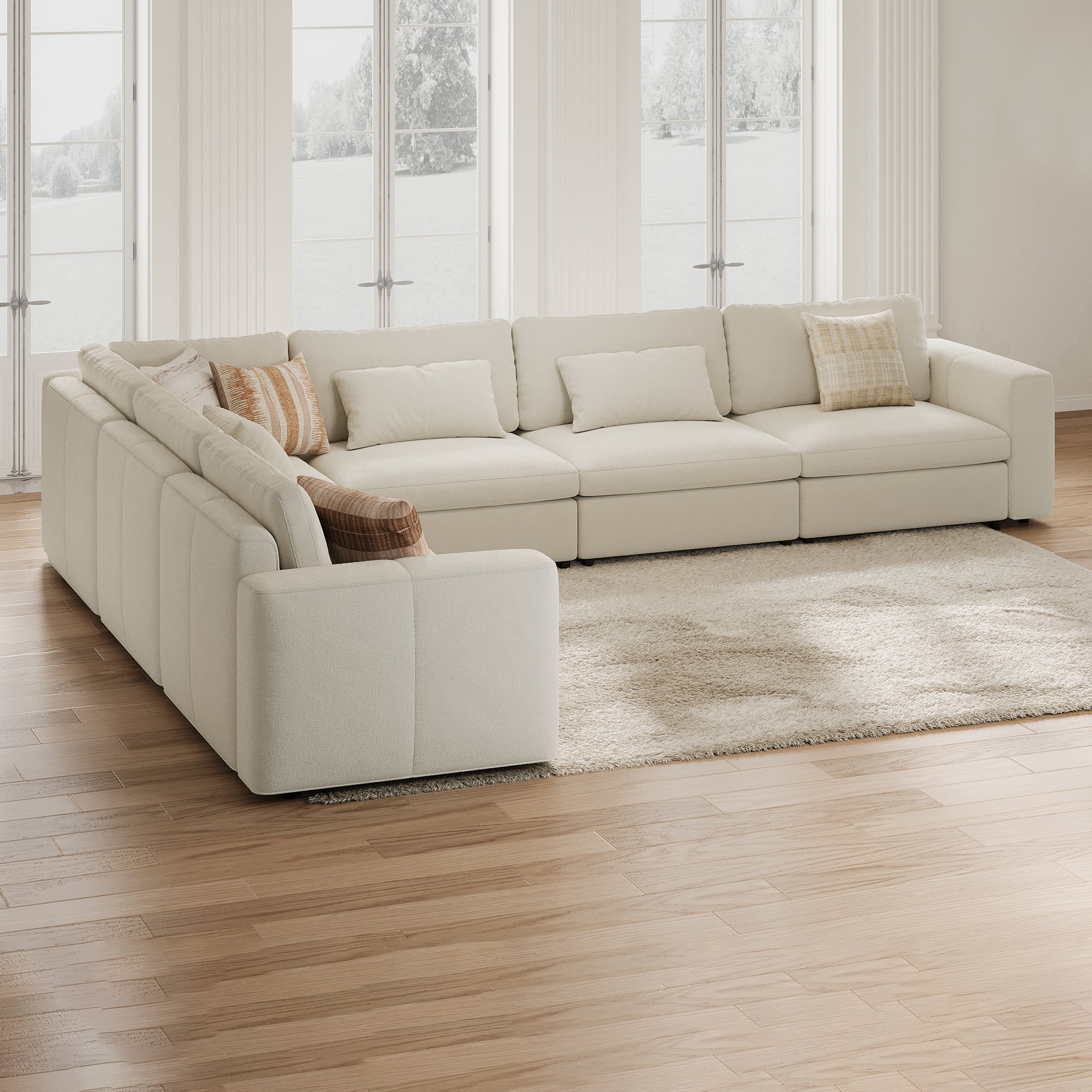 L-Shape Cream Chenille Modular Sofa with Deep Seat