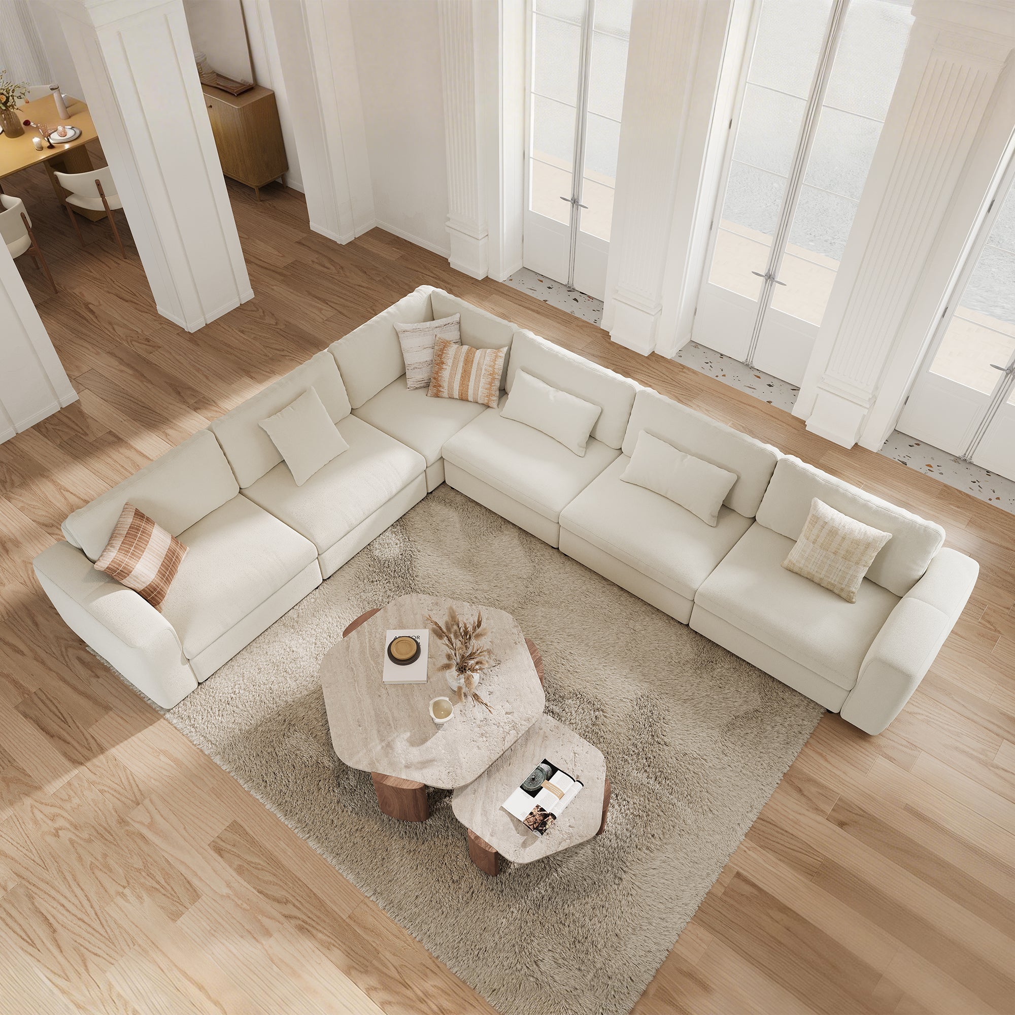 L-Shape Cream Chenille Modular Sofa with Deep Seat