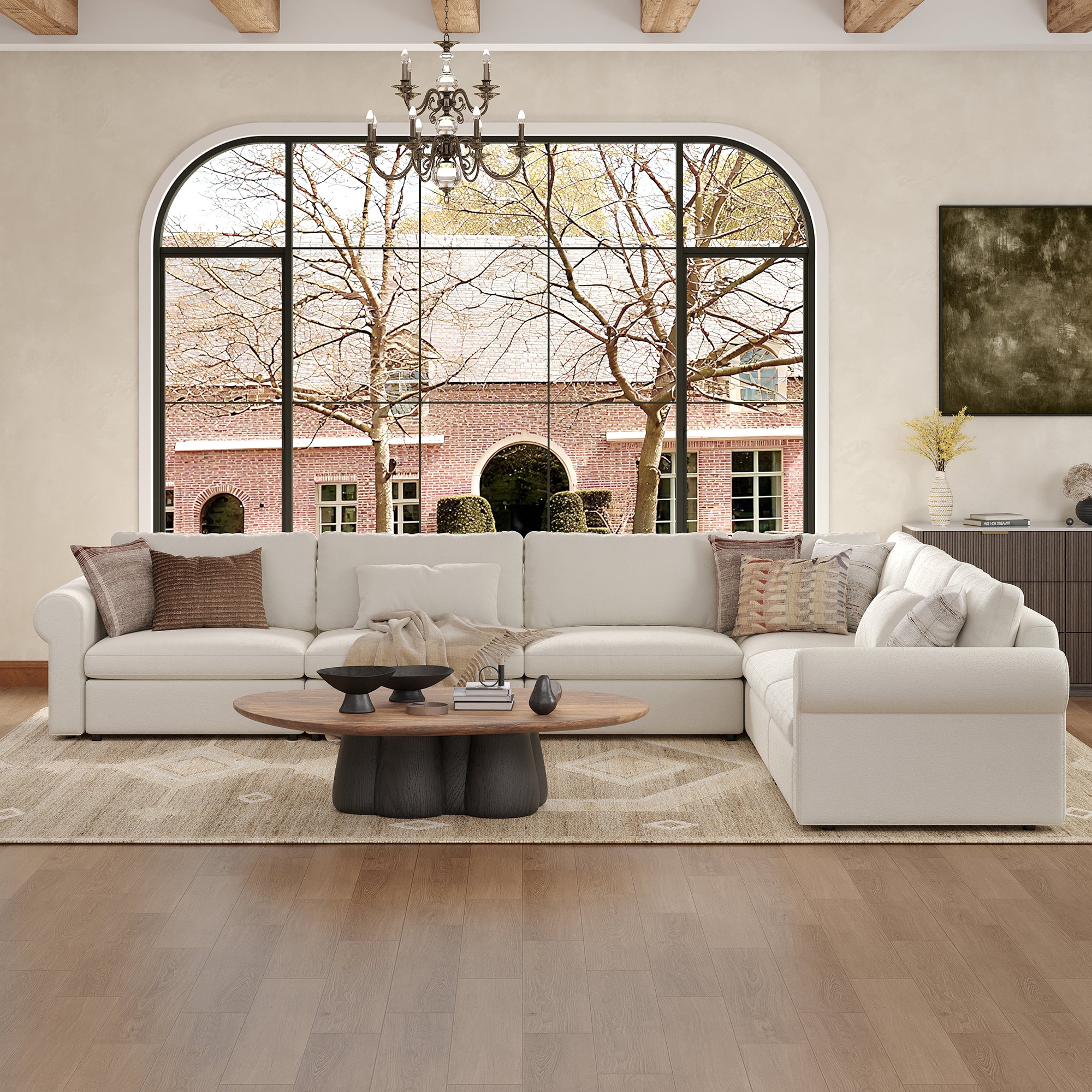 L-Shape Cream Chenille Modular Sofa with Deep Seat