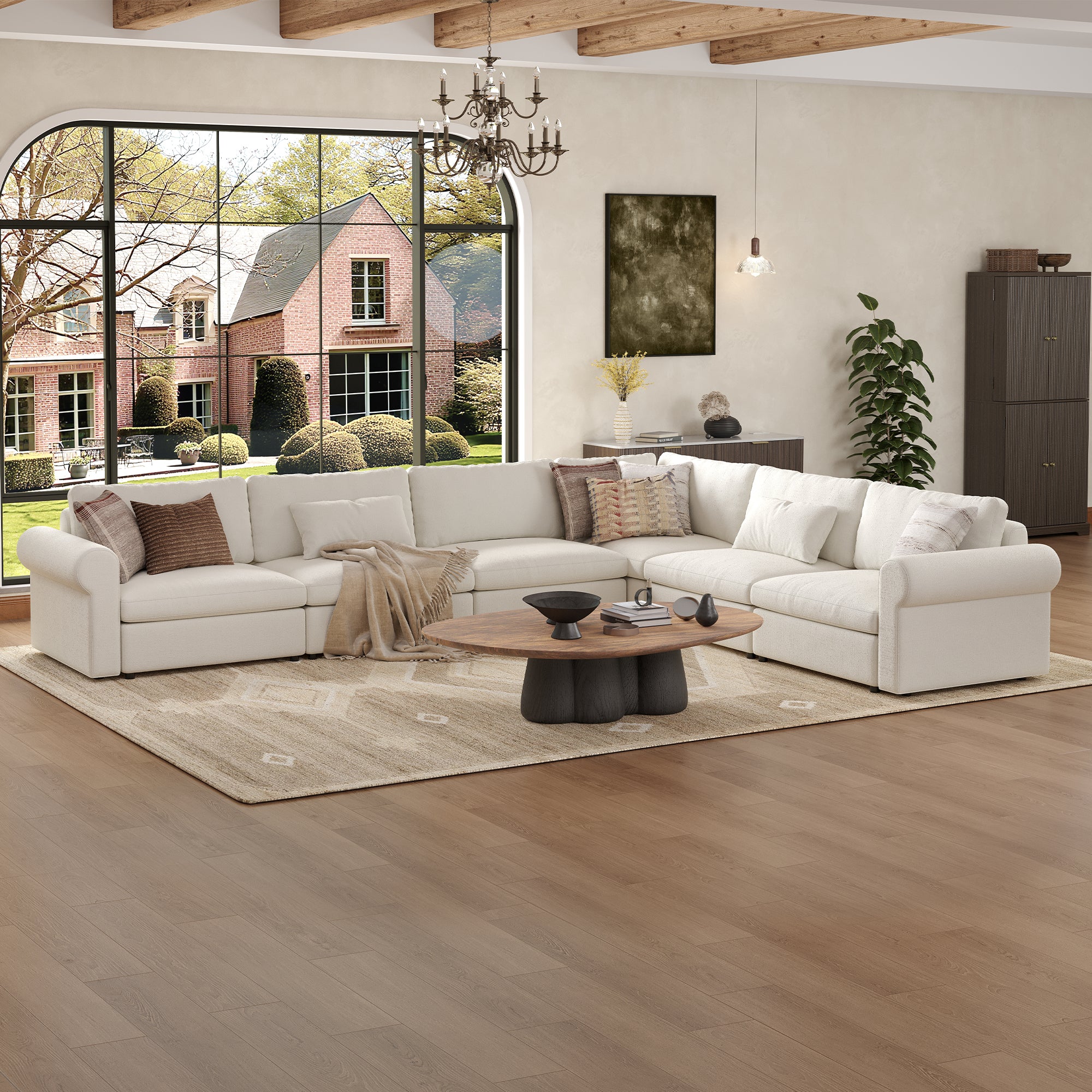 L-Shape Cream Chenille Modular Sofa with Deep Seat