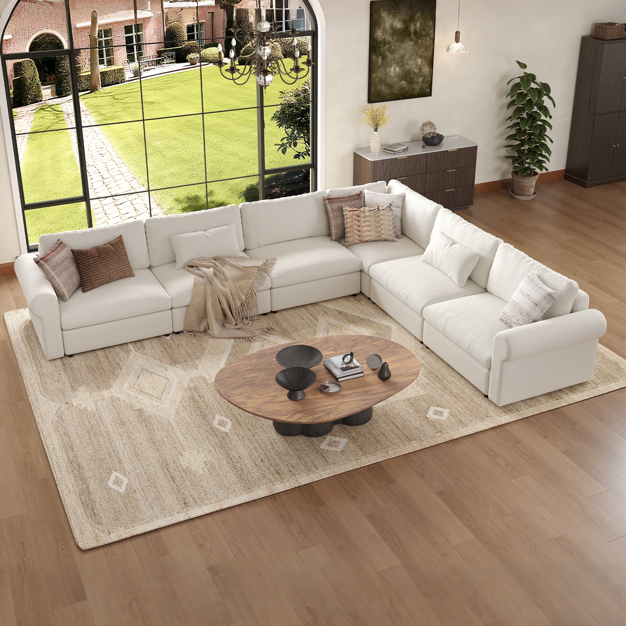 L-Shape Cream Chenille Modular Sofa with Deep Seat