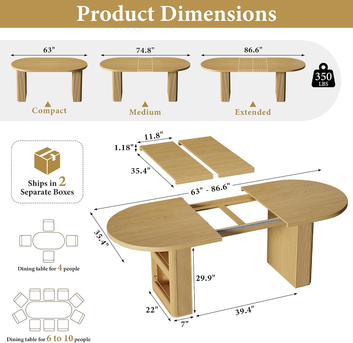 63"–86" Extendable Dining Table for 4–10 People, Large Wood Dining Table with Fluted Base