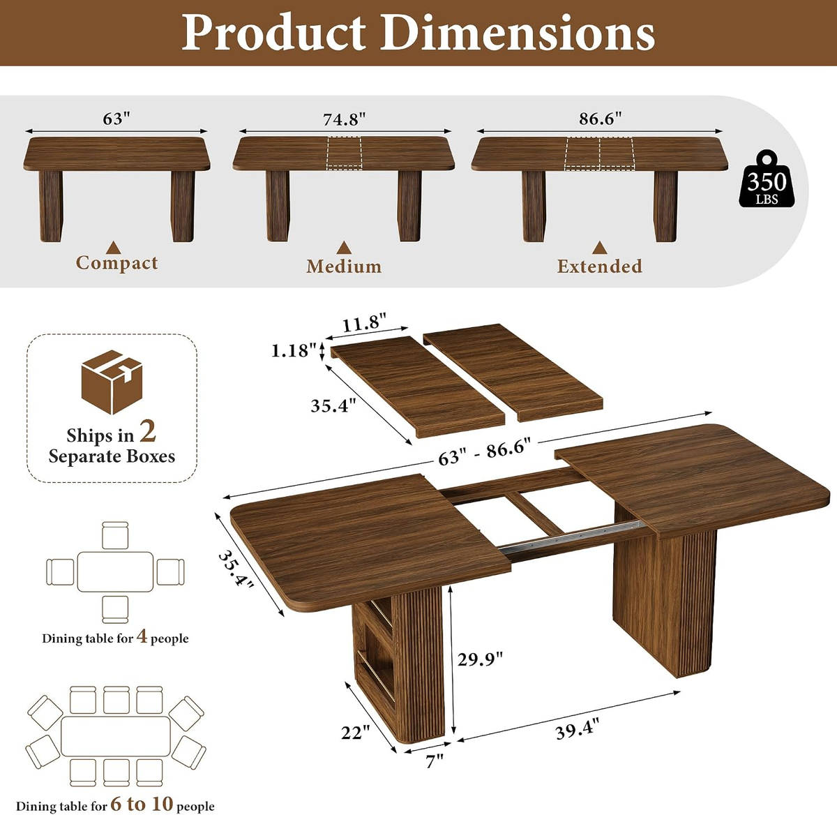 63"–86" Extendable Dining Table for 4–10 People, Large Wood Dining Table with Fluted Base