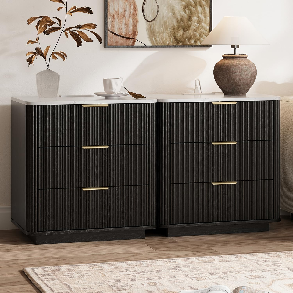 Fluted Nightstand with Charging Station, 3 Drawers & Faux Marble Top