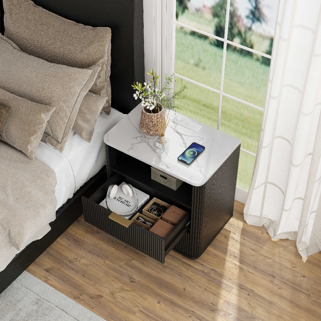 Fluted Nightstand with Charging Station, 2 Drawers & Faux Marble Top