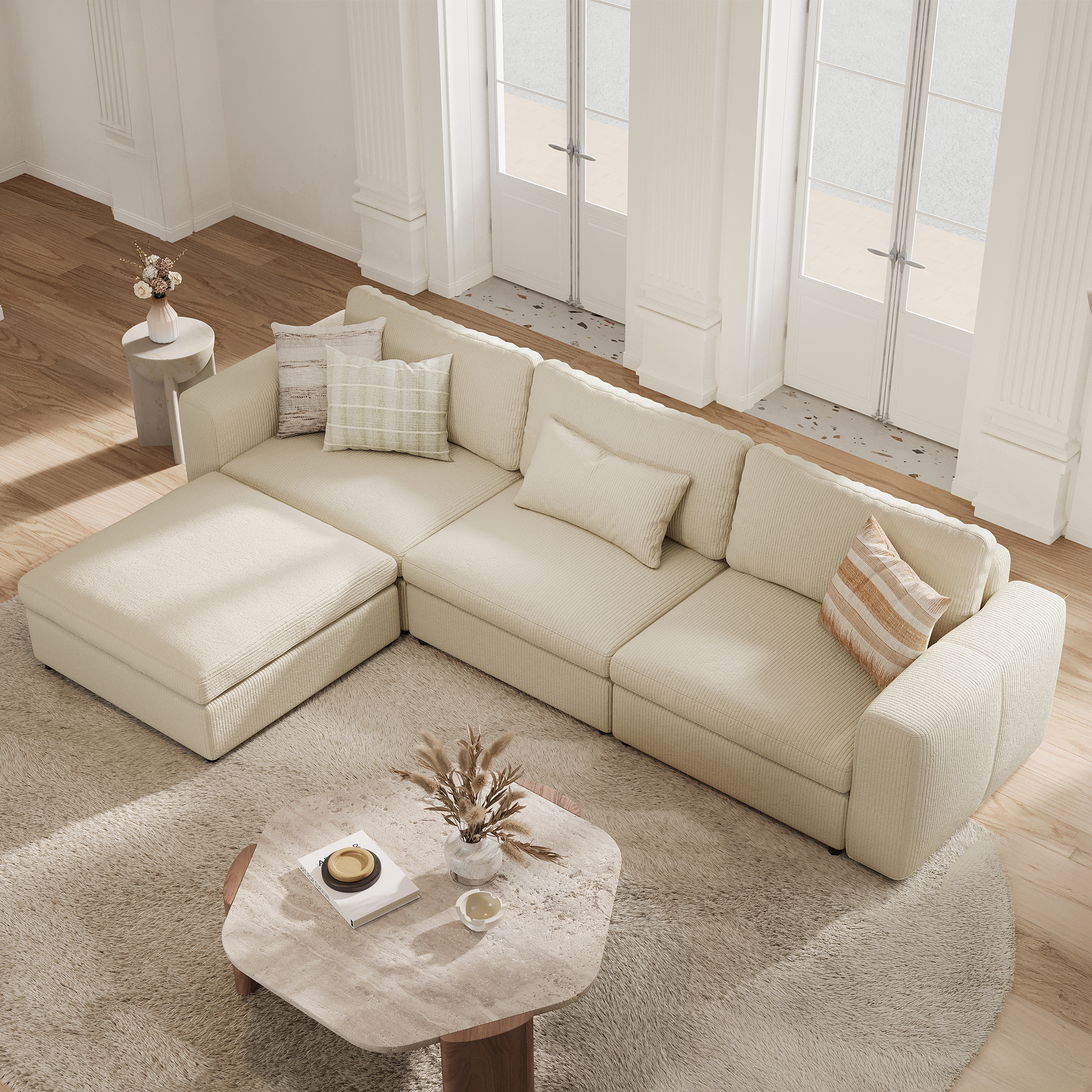 3-Seater + Ottoman Cream Corduroy Modular Sofa with Deep Seat