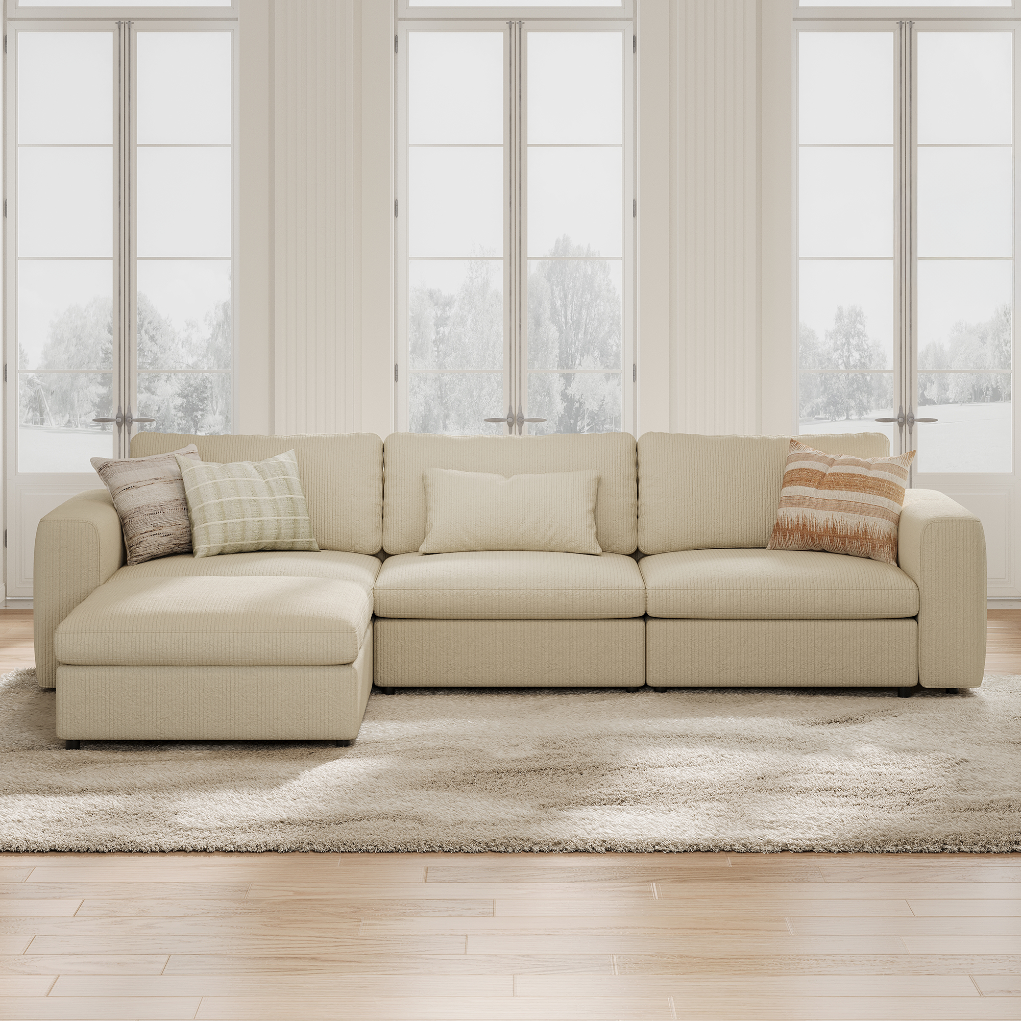 3-Seater + Ottoman Cream Corduroy Modular Sofa with Deep Seat