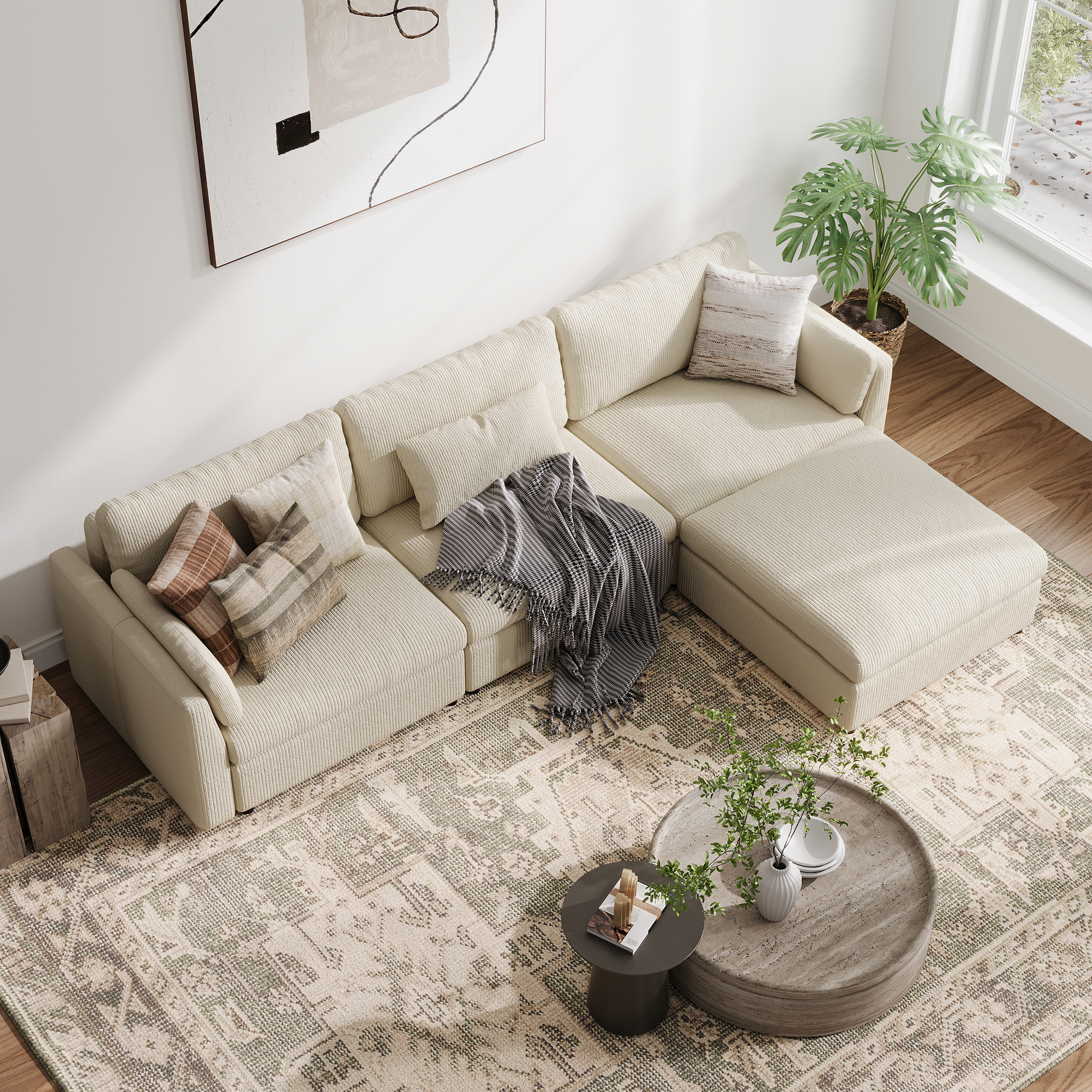 3-Seater + Ottoman Cream Corduroy Modular Sofa with Deep Seat
