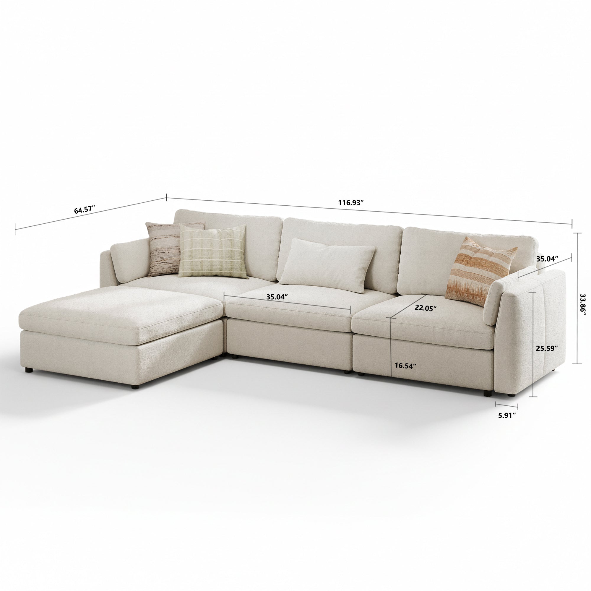 3-Seater + Ottoman Cream Corduroy Modular Sofa with Deep Seat