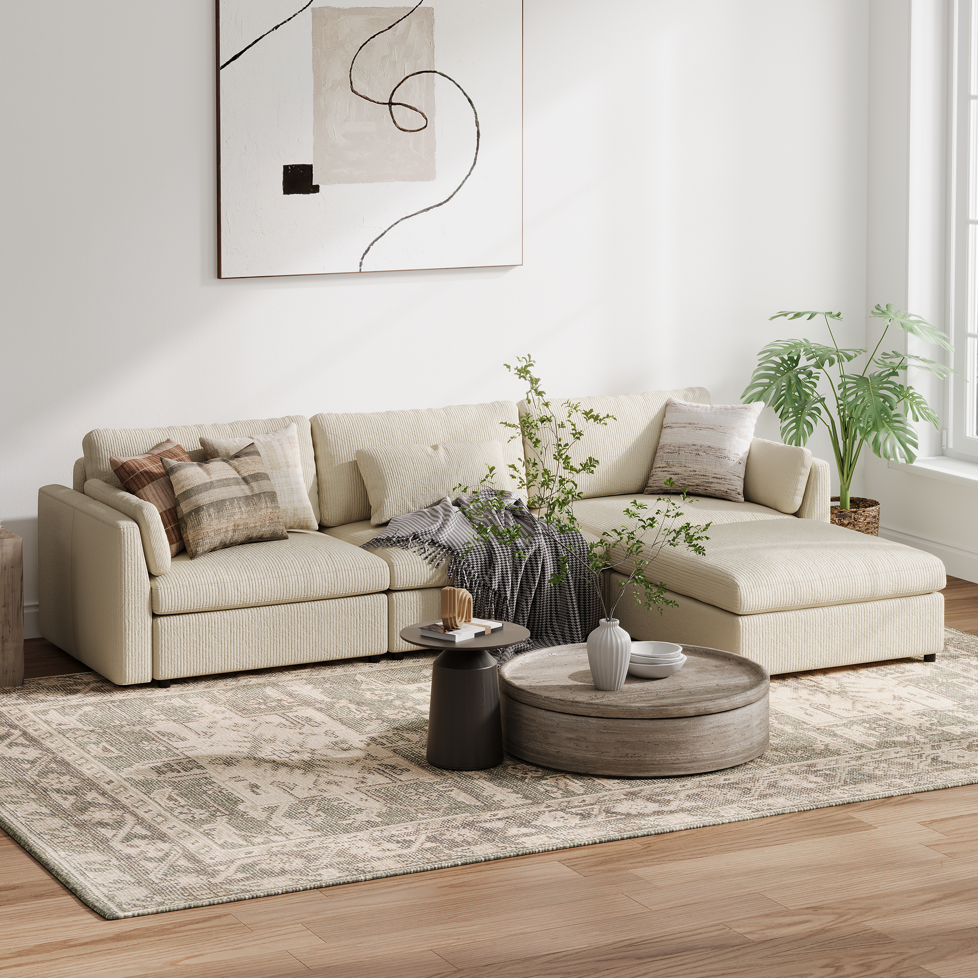 3-Seater + Ottoman Cream Corduroy Modular Sofa with Deep Seat